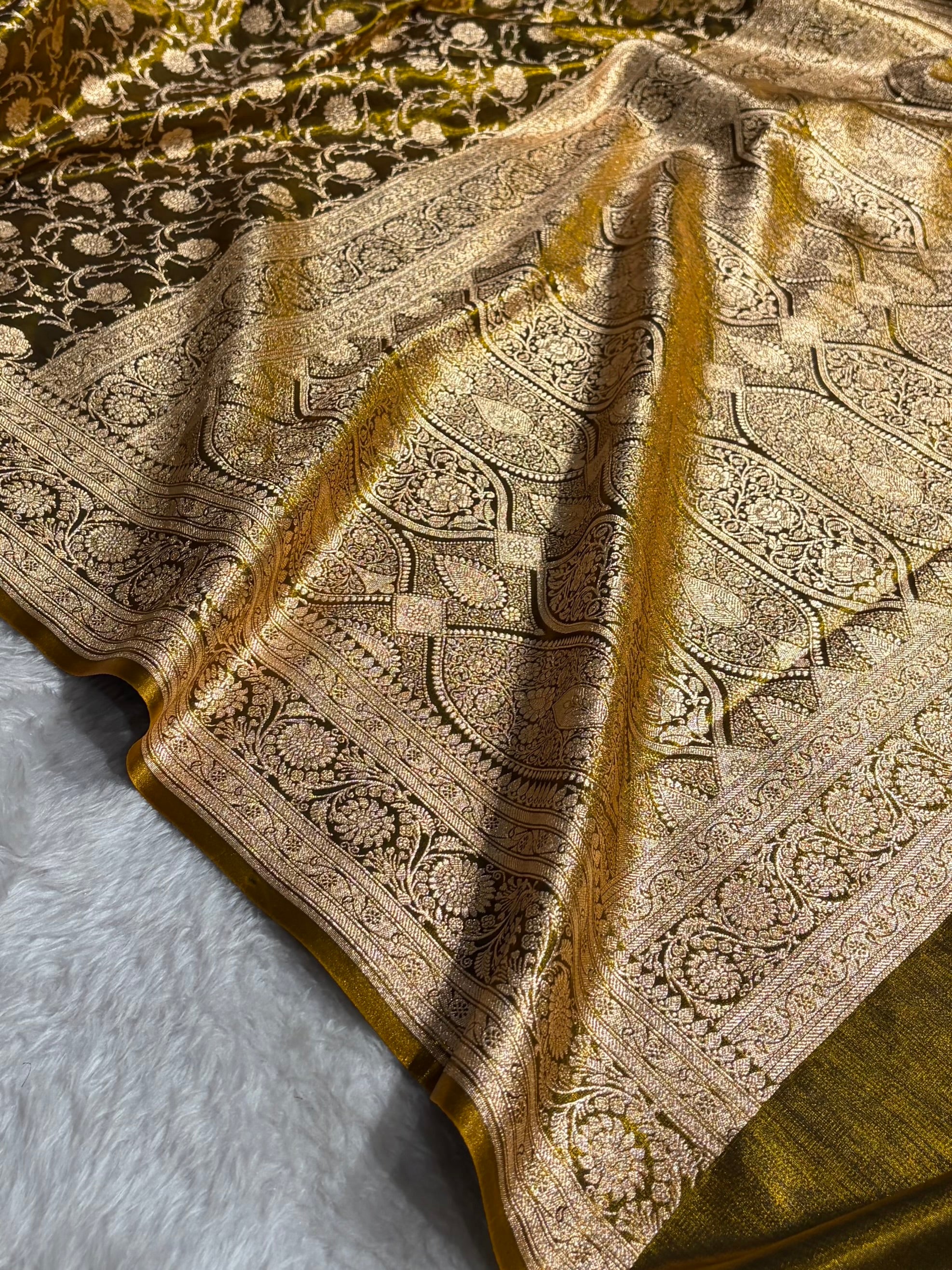 Ultra Light Weight Satin Silk Jaal in Mehendi Shades SS13