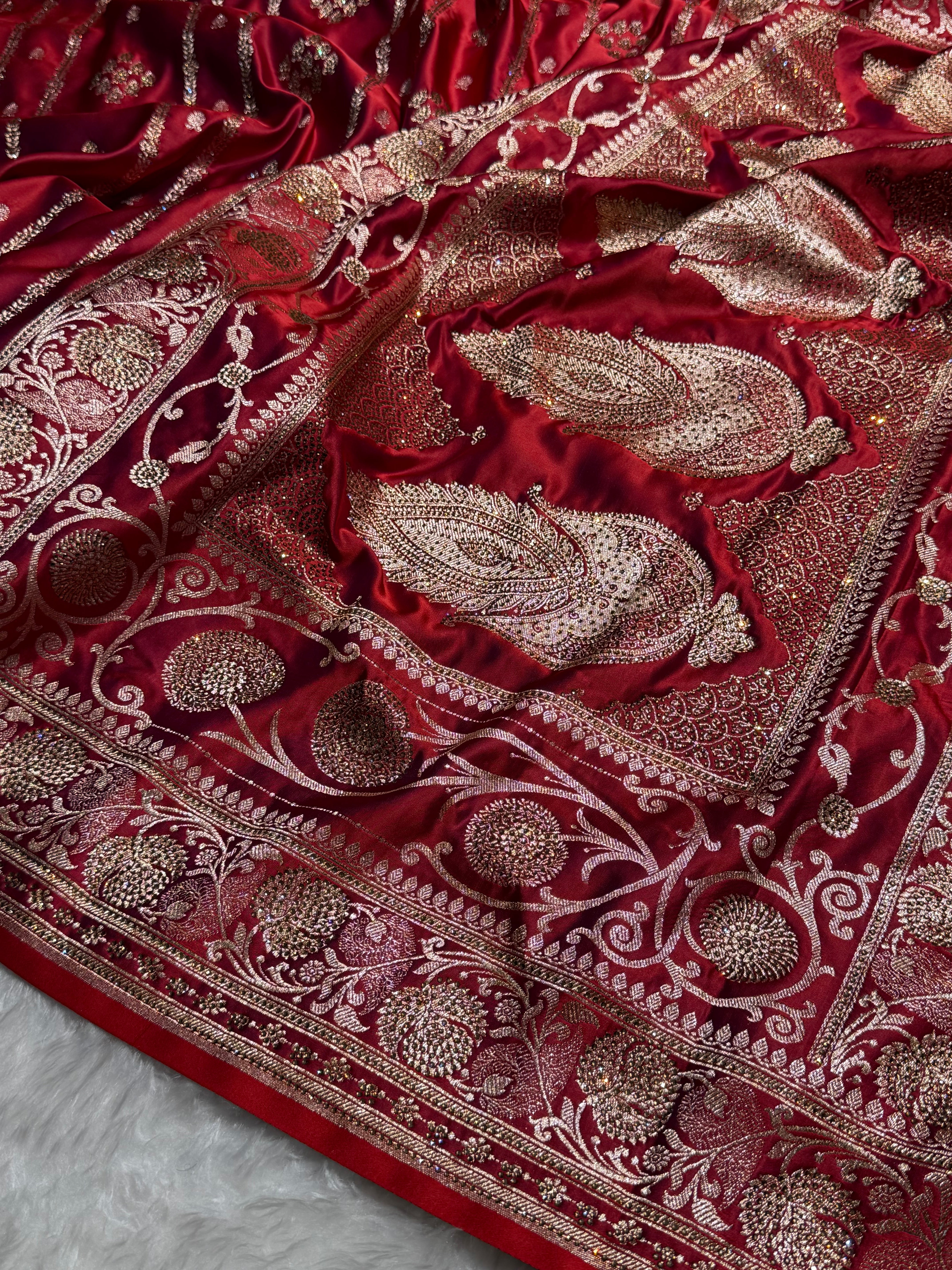 Cross Red Floral Boota Pattern With Bananas Swarovski Stone Work Satin Katan Silk saree BSK39