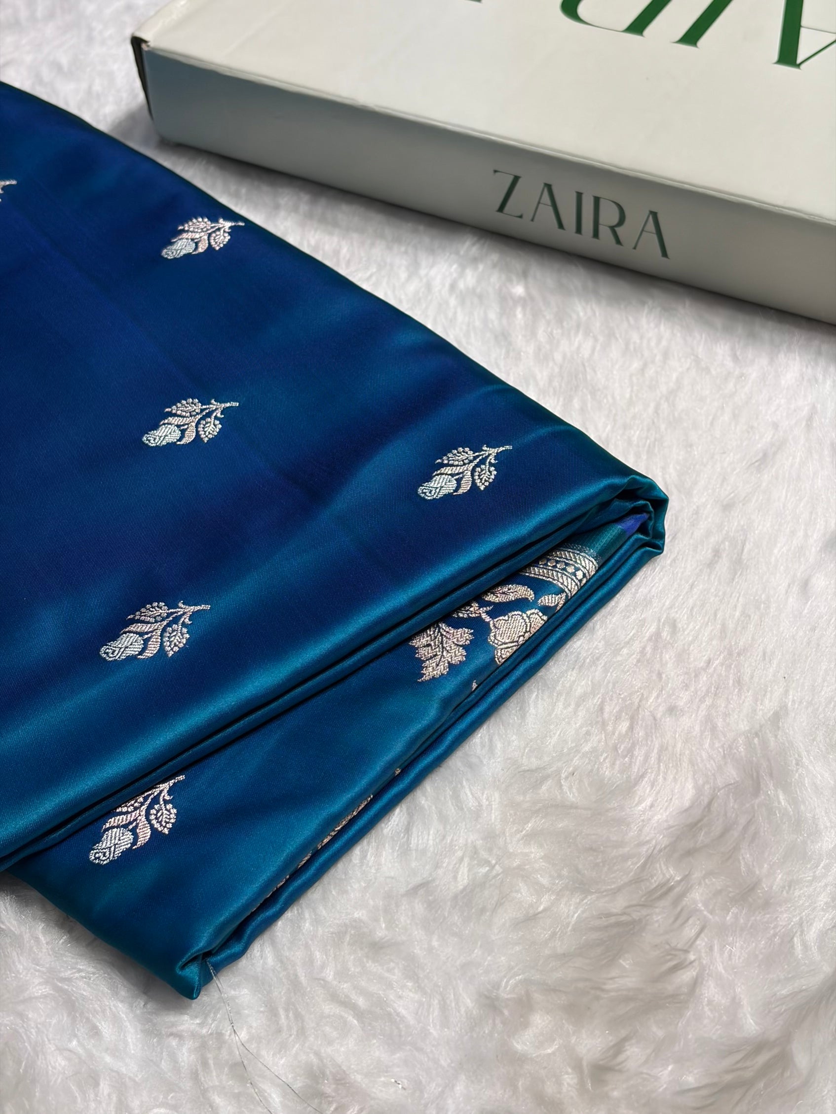 Peacock Blue Boota With Floral Border Mashru Silk Saree MSM-85