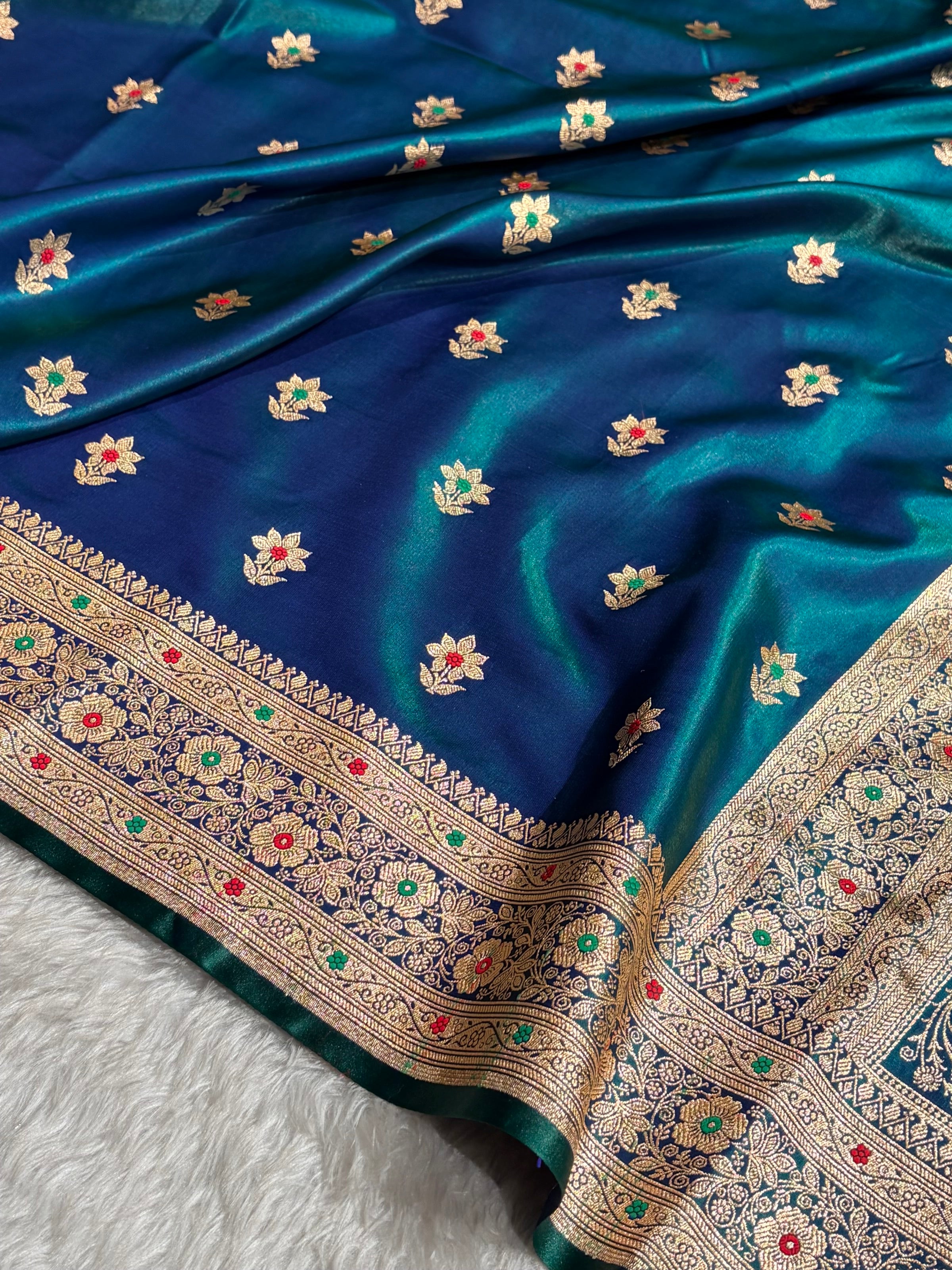 Peacock Shades Minakari Boota Pattern Banarasi Satin Silk Saree SS44