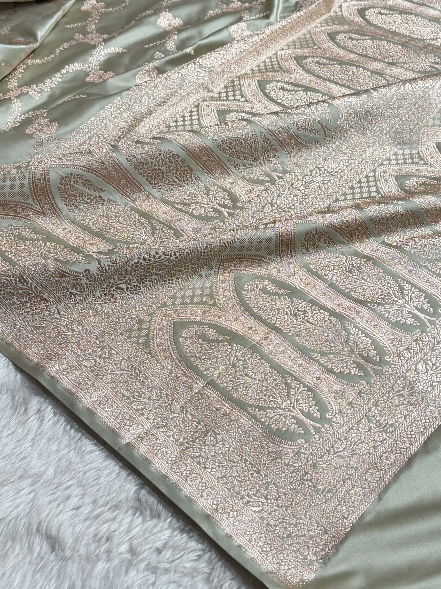 Light Pista Shades Banarasi With Floral Border Mashru Silk Saree MSM-127