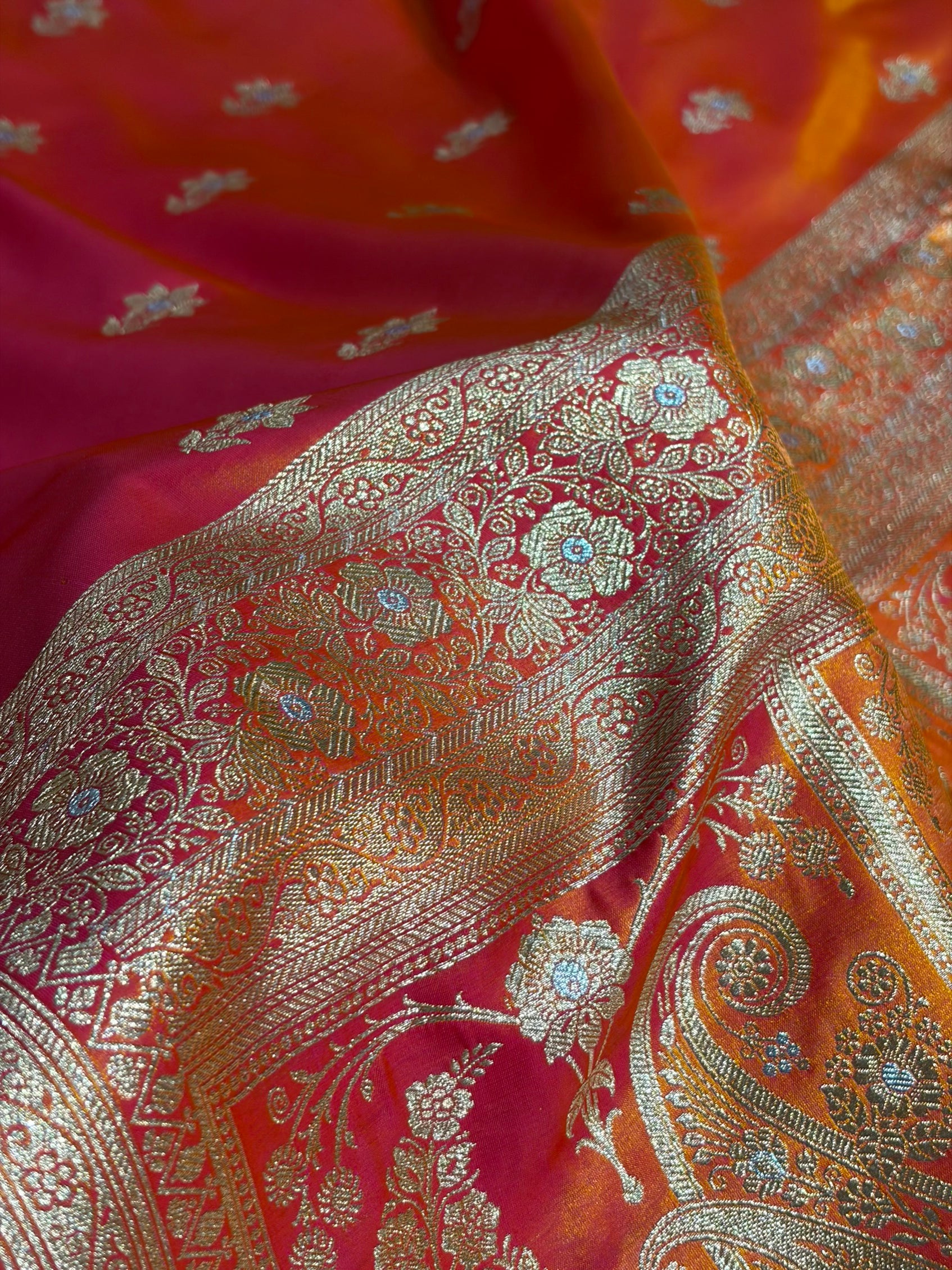 Pinkish Orange Shades Minakari Boota Pattern Banarasi Satin Silk Saree SS44