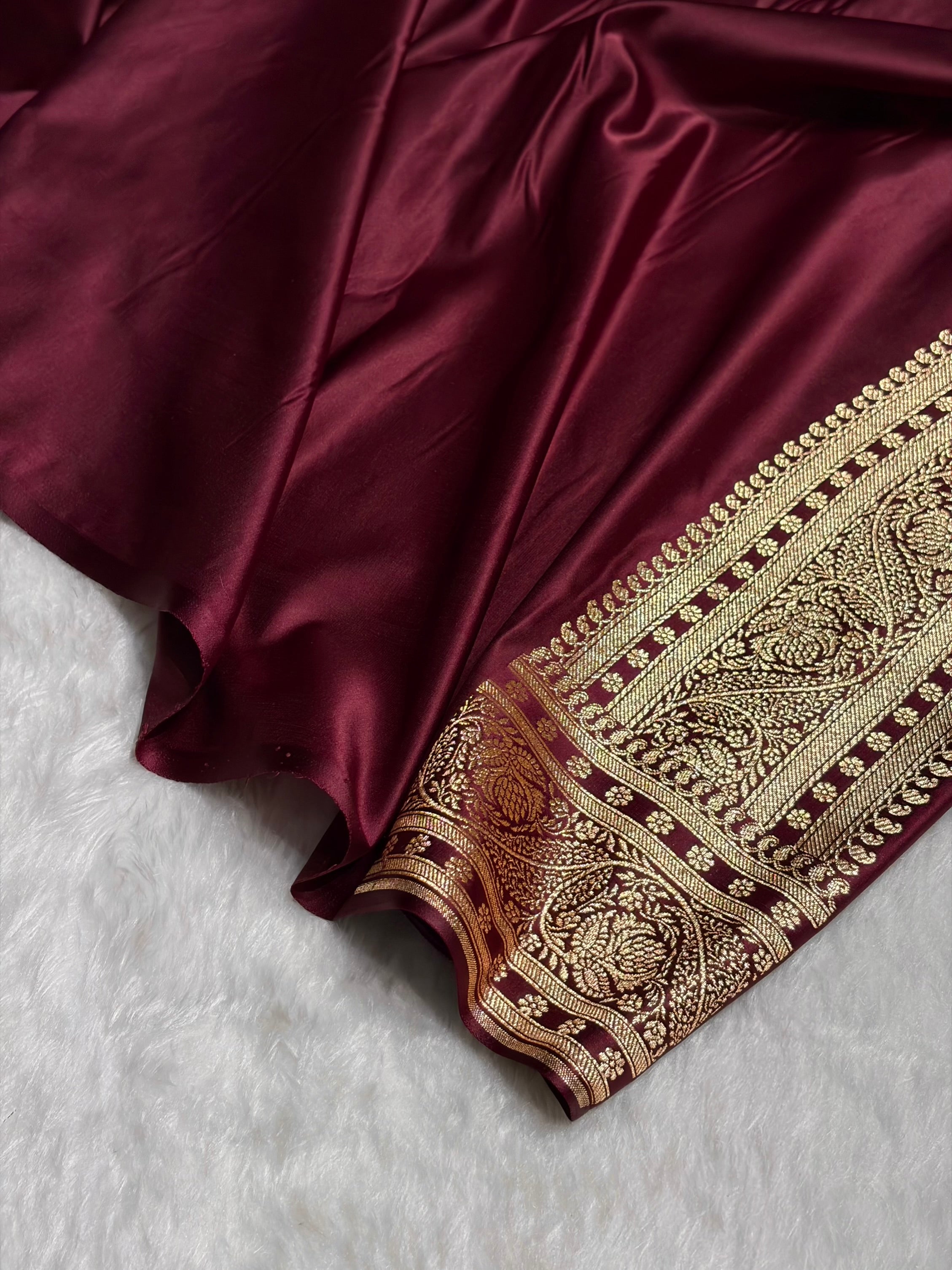 Garnet Floral Pattern Satin Katan Silk Saree SK78
