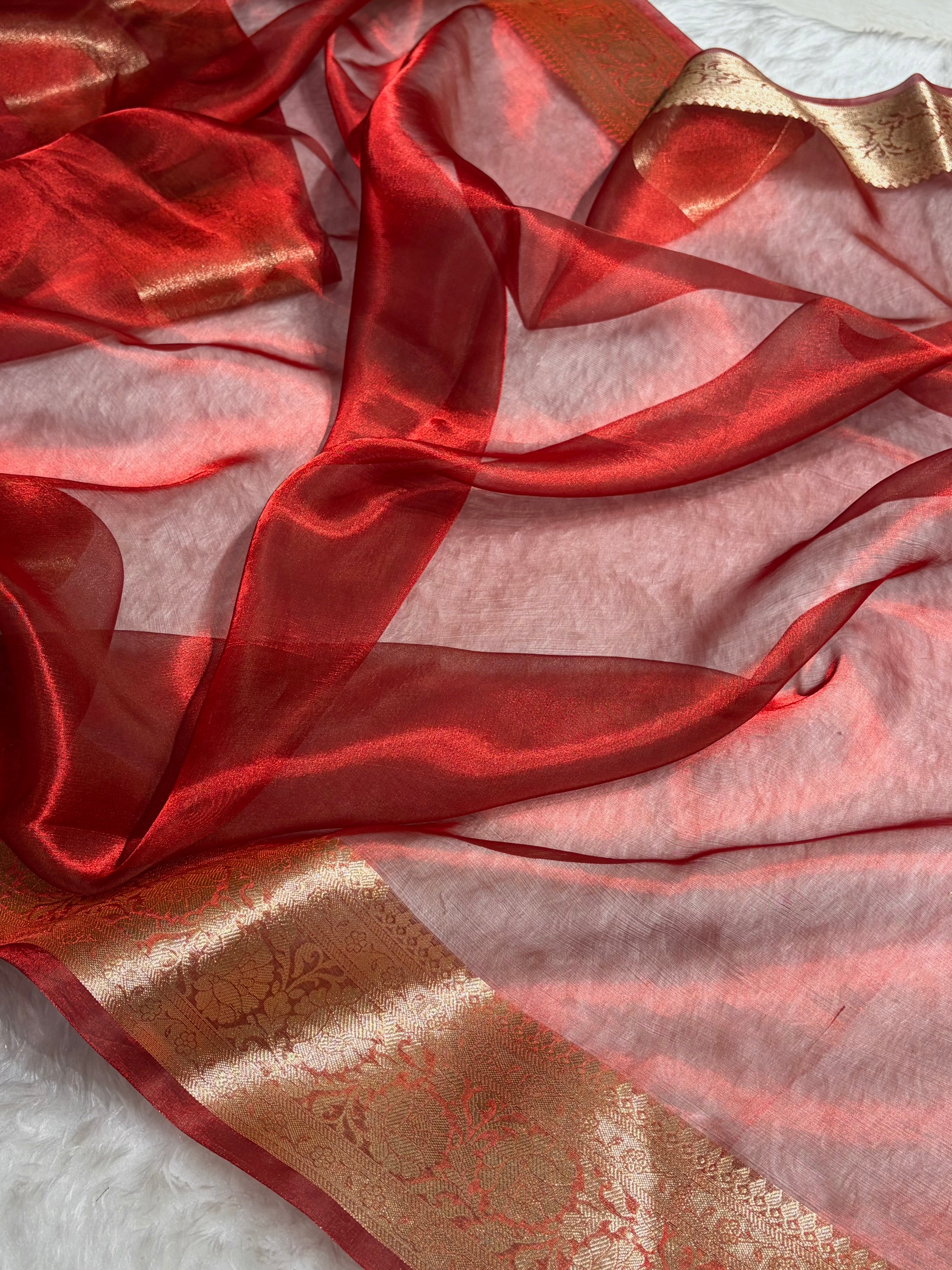 Red Shade Pure Tissue Silk Saree with Brocade Blouse PT-18
