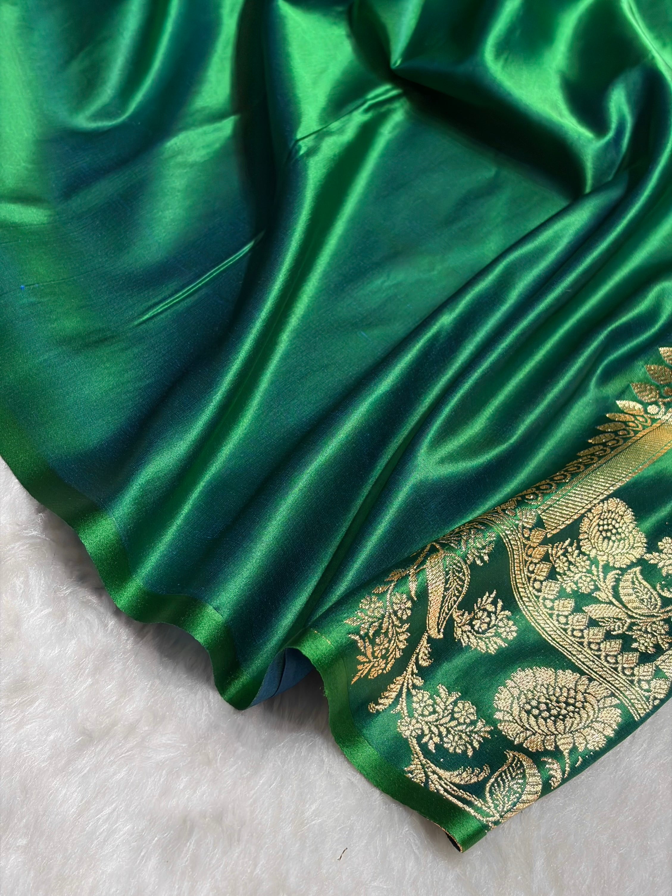 Cross Green Floral Pattern Satin Katan Silk Saree SK77