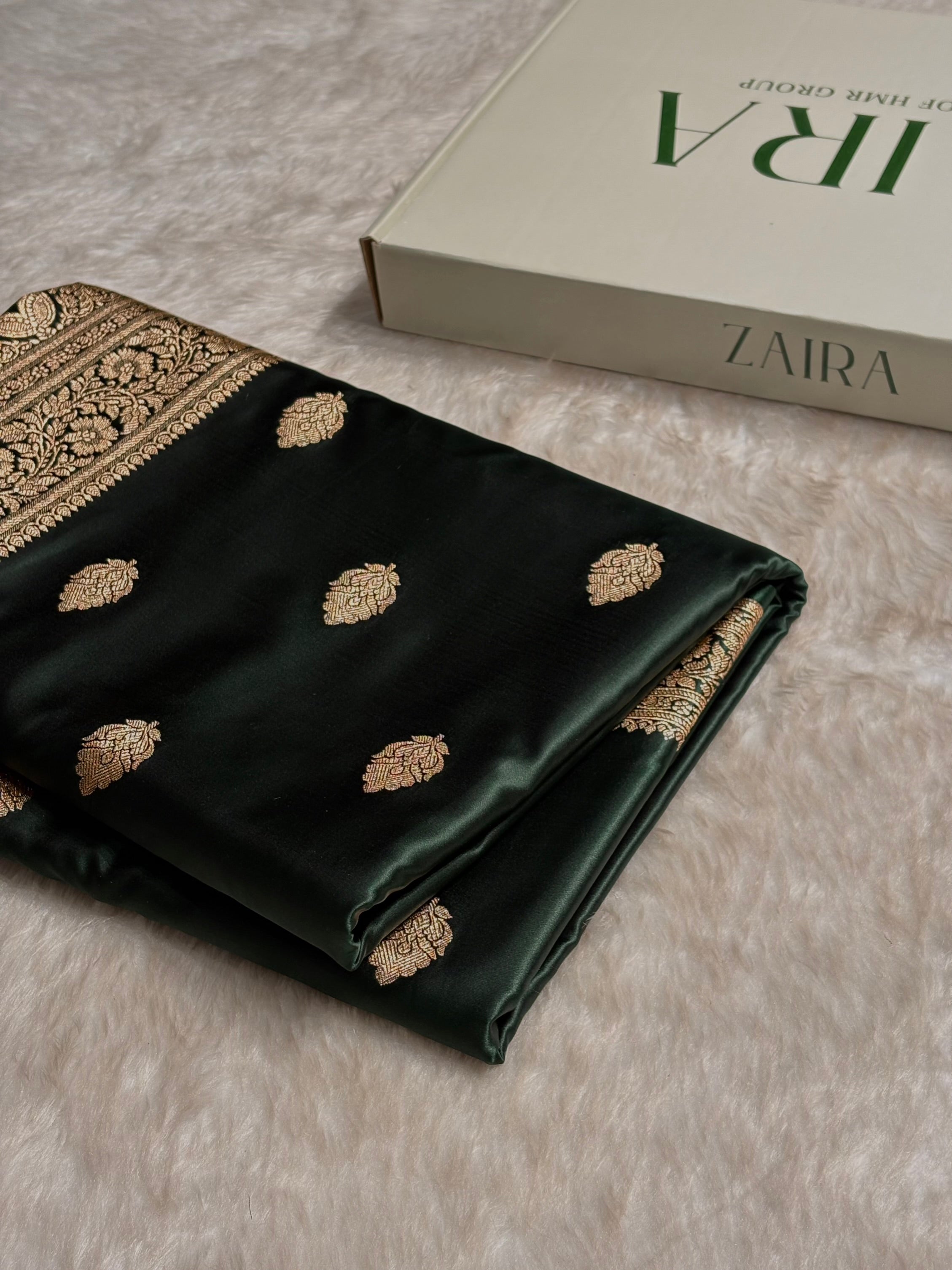 Dark Bottle Green Booti Pattern Satin Katan Silk Saree SK65