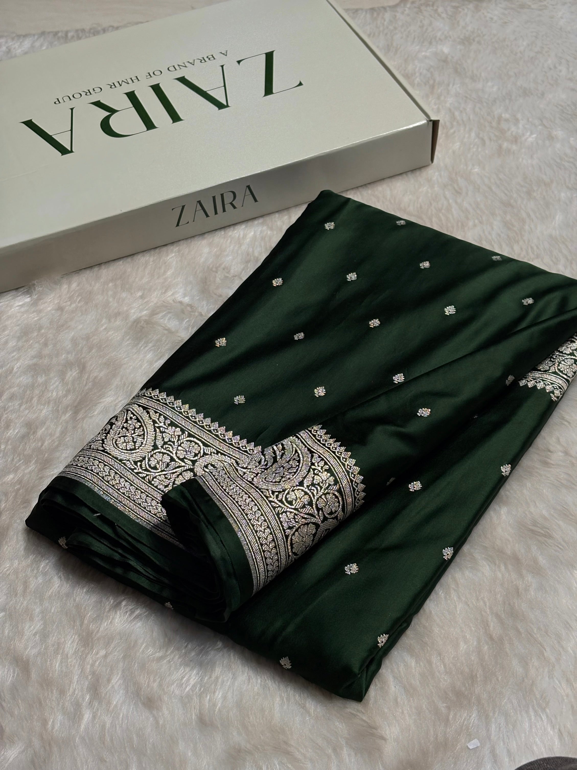 Bottle Green Tone Booti Mashru Silk Saree
