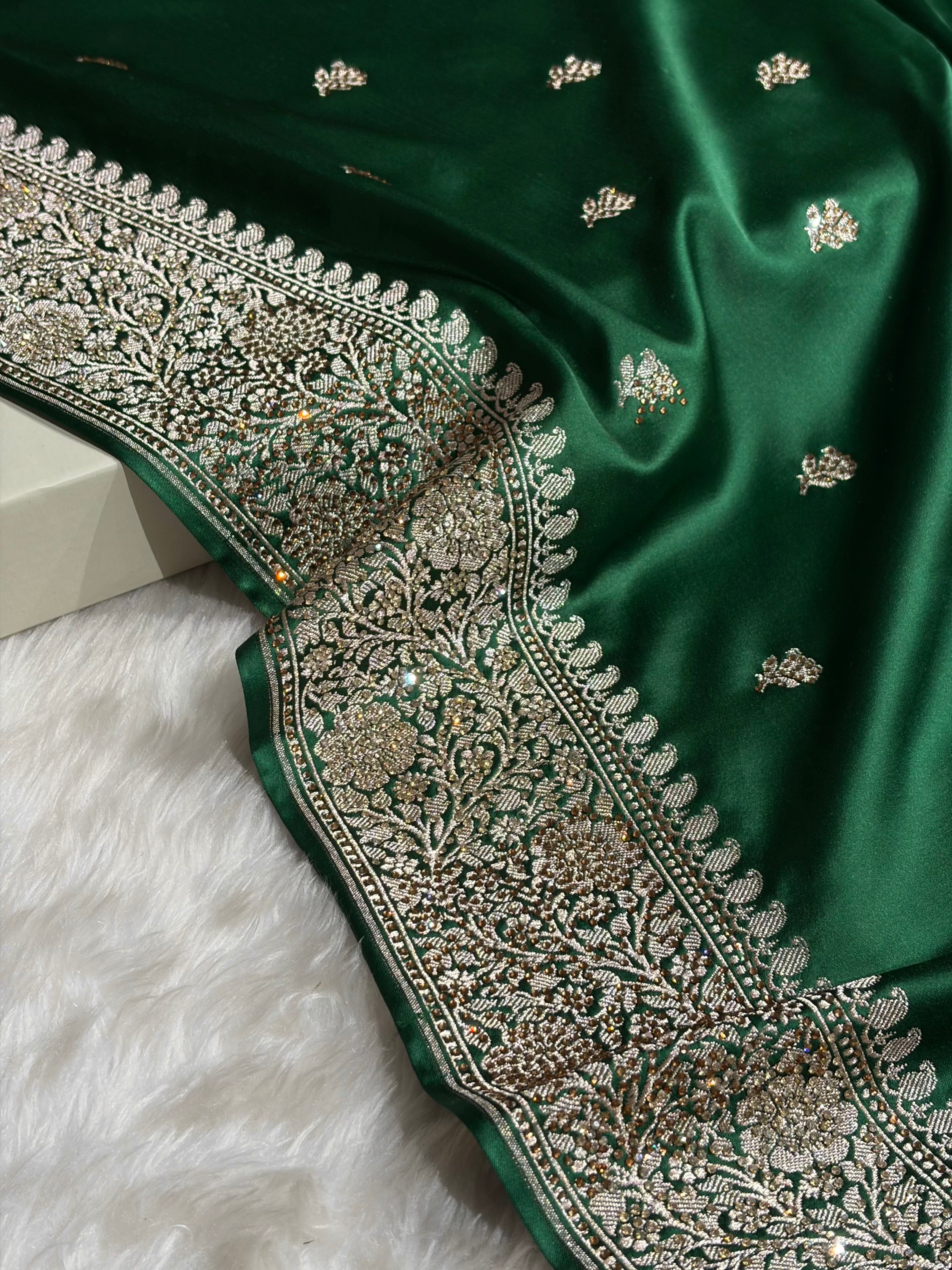 Bottle Green With Swarovski Work Booti Mashru Silk Saree BMS40