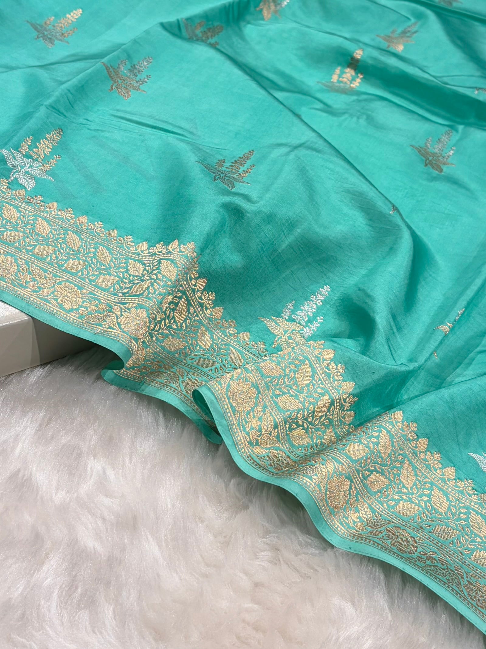 Sea Green Shades Meena Boota Handwoven Pure Katan Paper Silk RM-36
