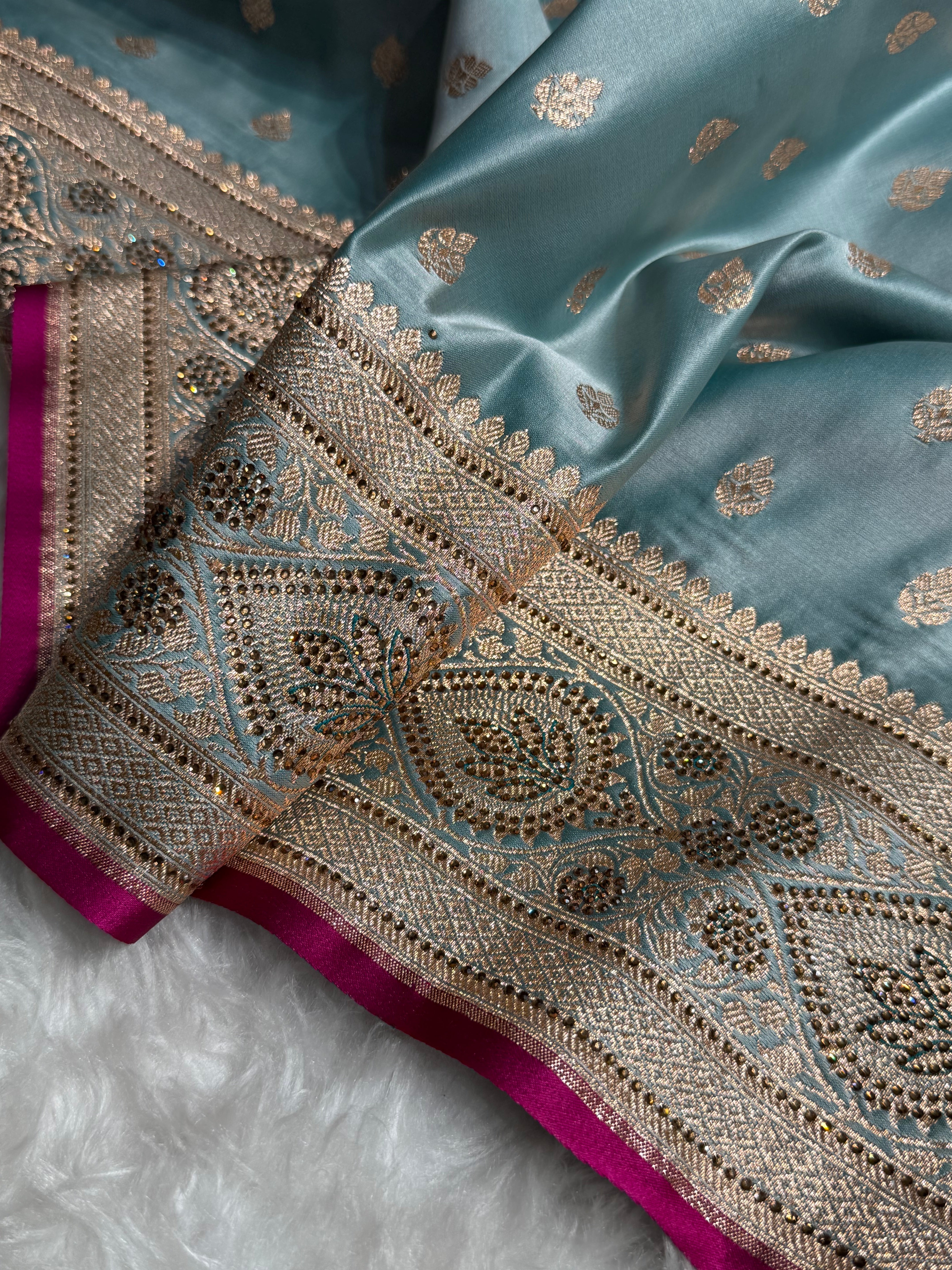 Turquoise Swarovski Work Booti Satin Katan Silk Saree BSK10 (W)