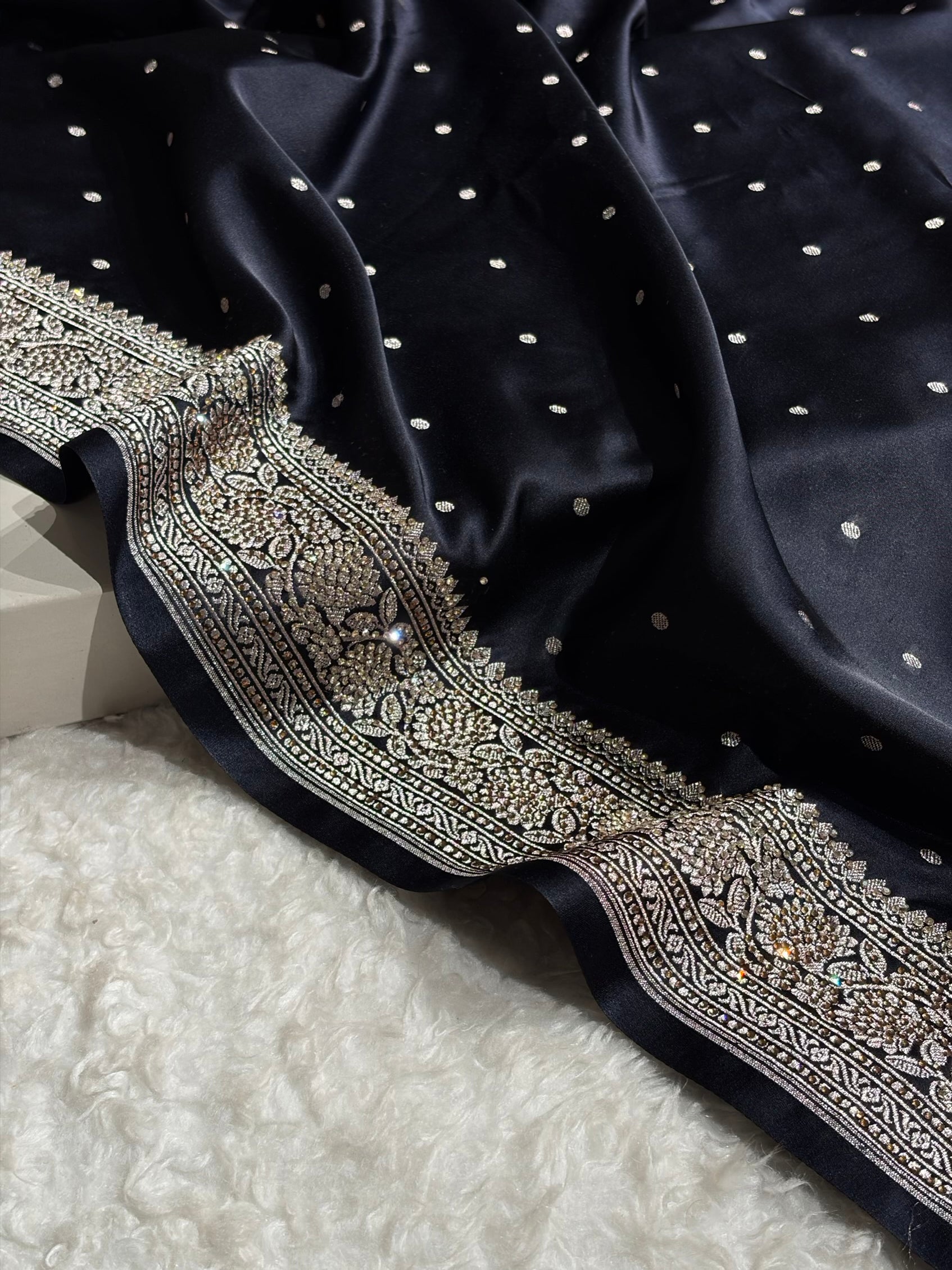 Black Shades Booti With Swarovski Stone Work Mashru Silk Saree BMS65