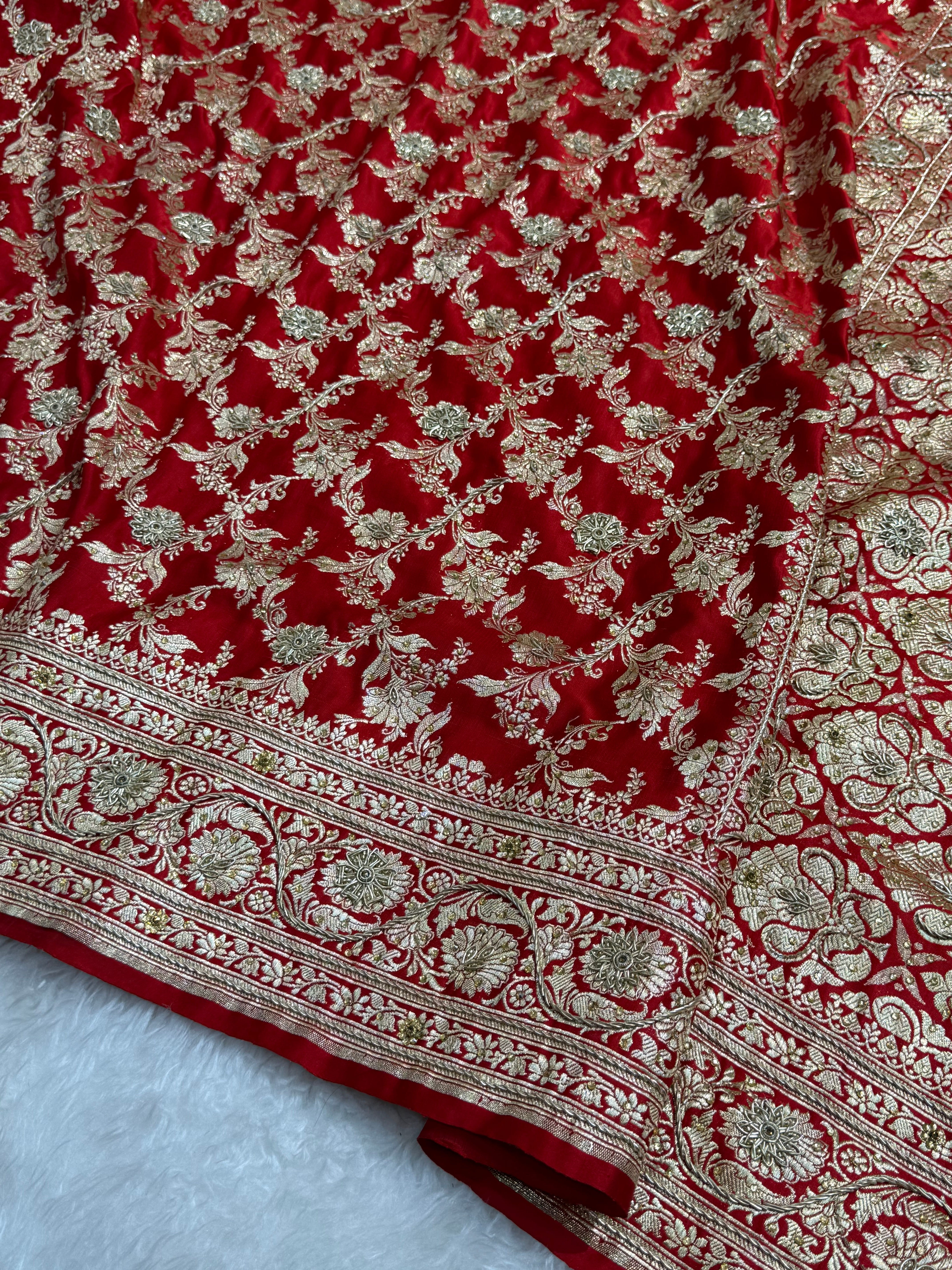 Bridal Red Pure Katan Silk Banarasi Saree with Zardozy, Ari and Stone work |SKU-PBSK01