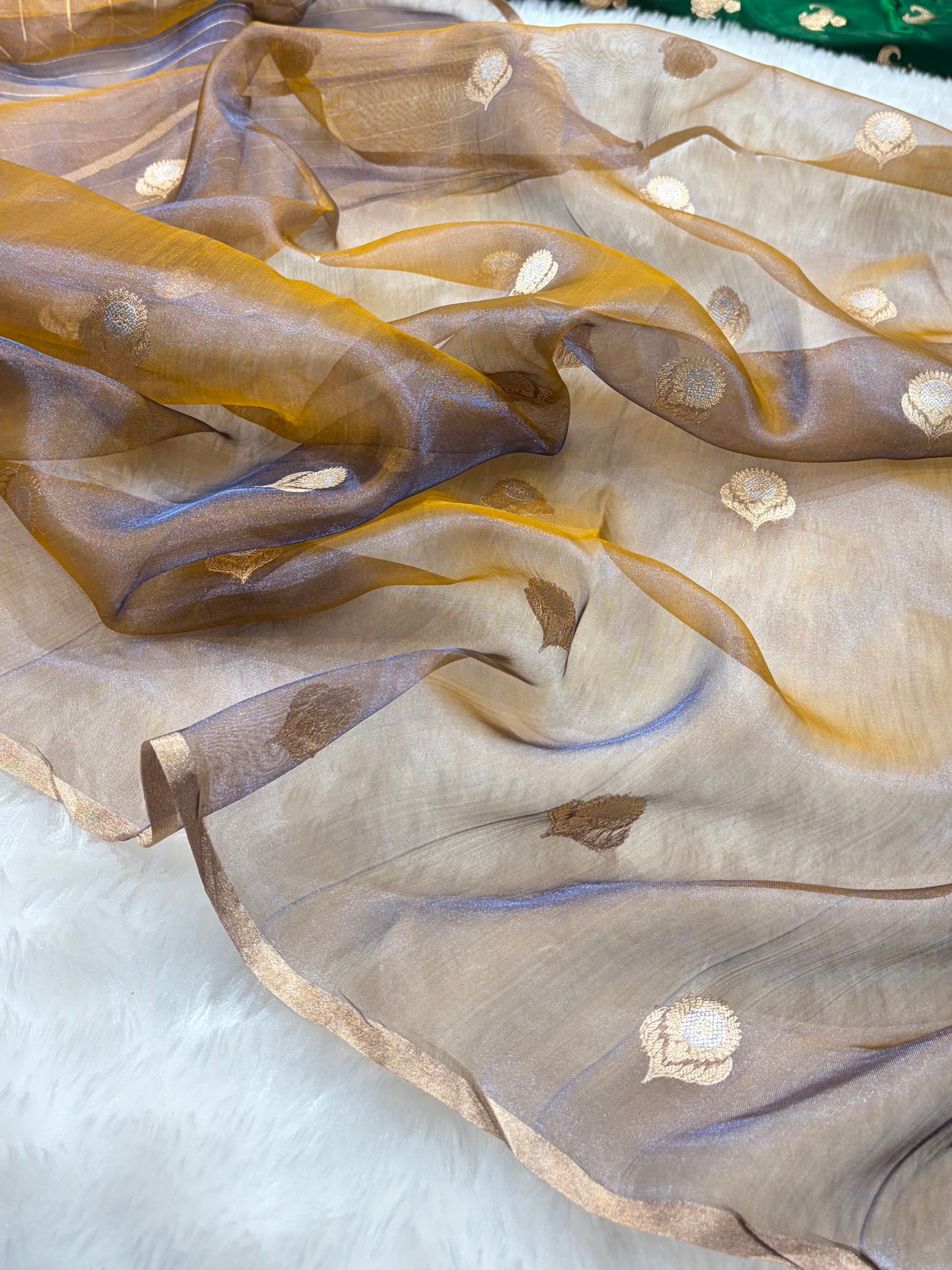 Cross Mustard Blue Bananasi Floral Shades Pure Tissue Silk Saree PT-36