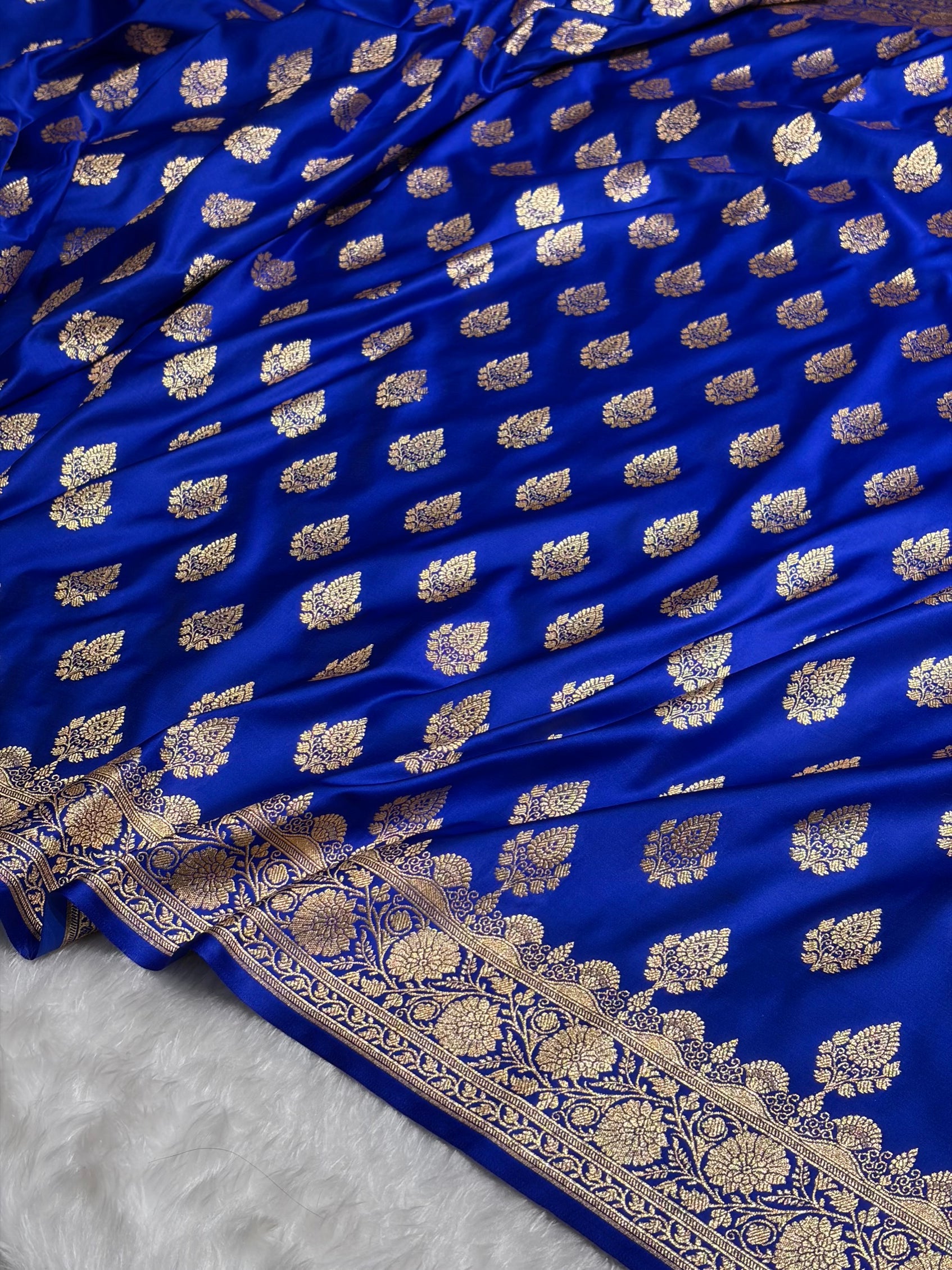 Royal Blue Floral Boota Pattern Satin Katan Silk saree SK45