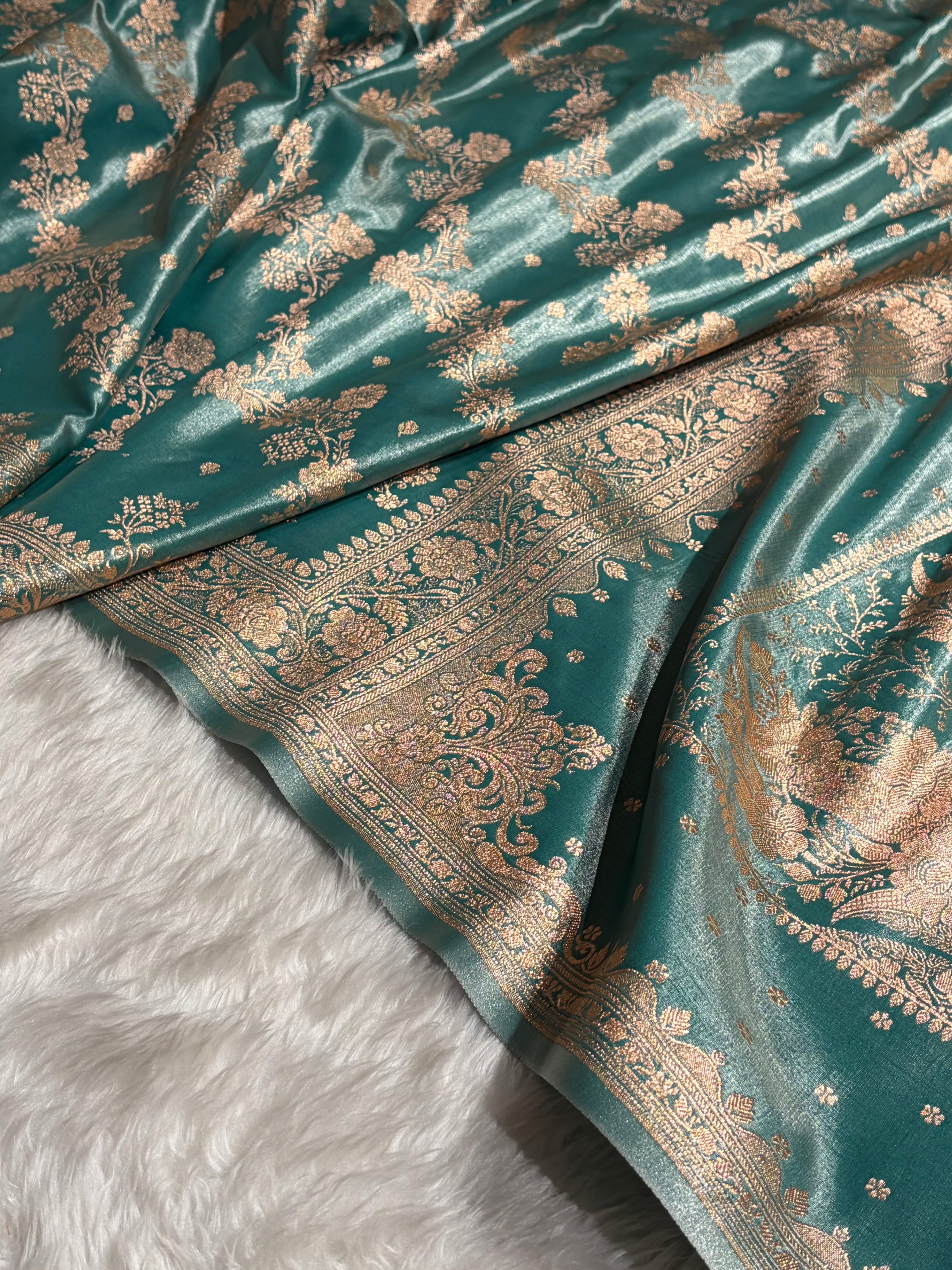 Satin Silk Saree Banarasi Cross with booti In Turquoise Shades SS22