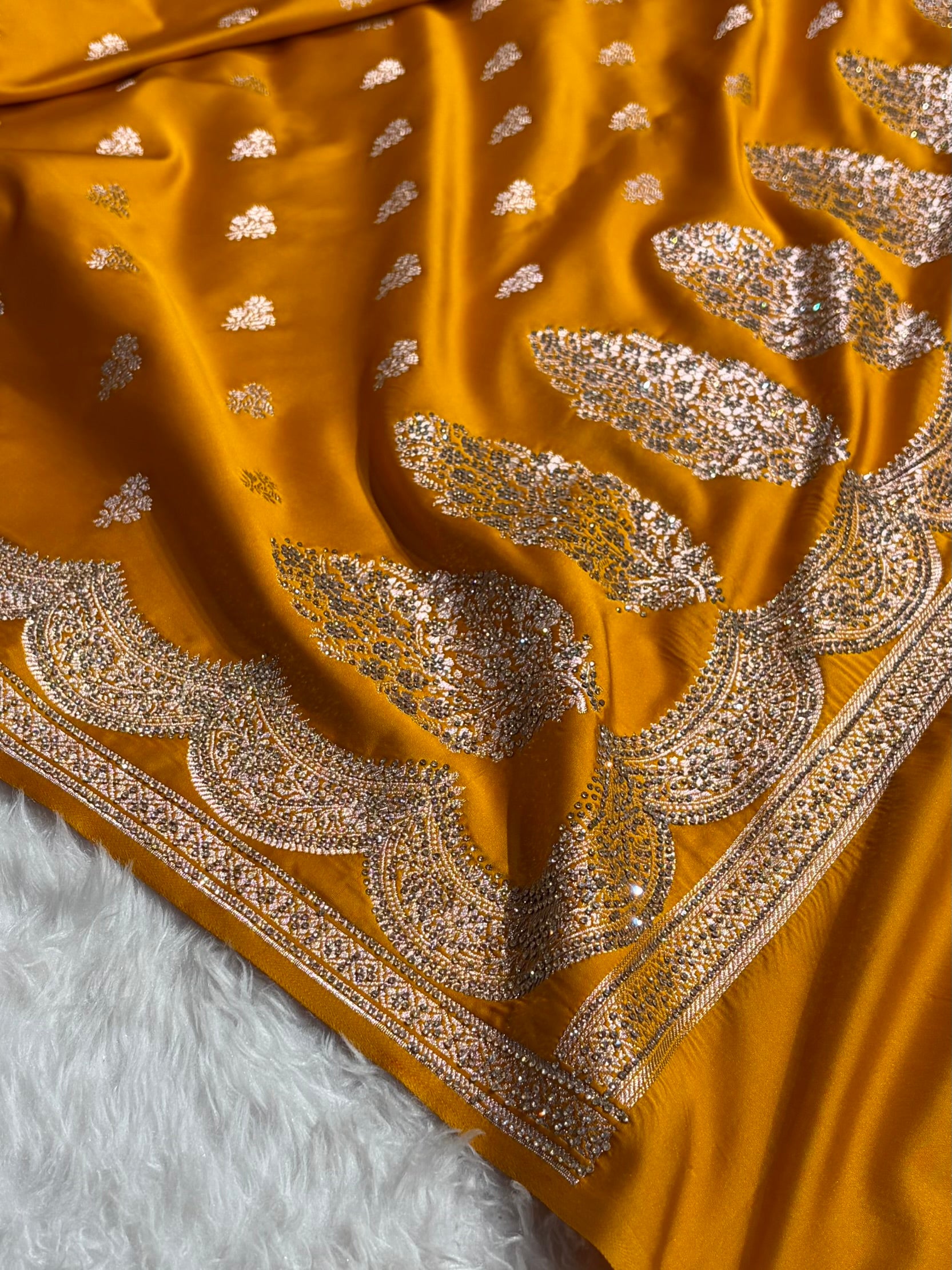 Banarasi Mustard Scallop Mashru Silk with White Stone Swarovski work BMS02