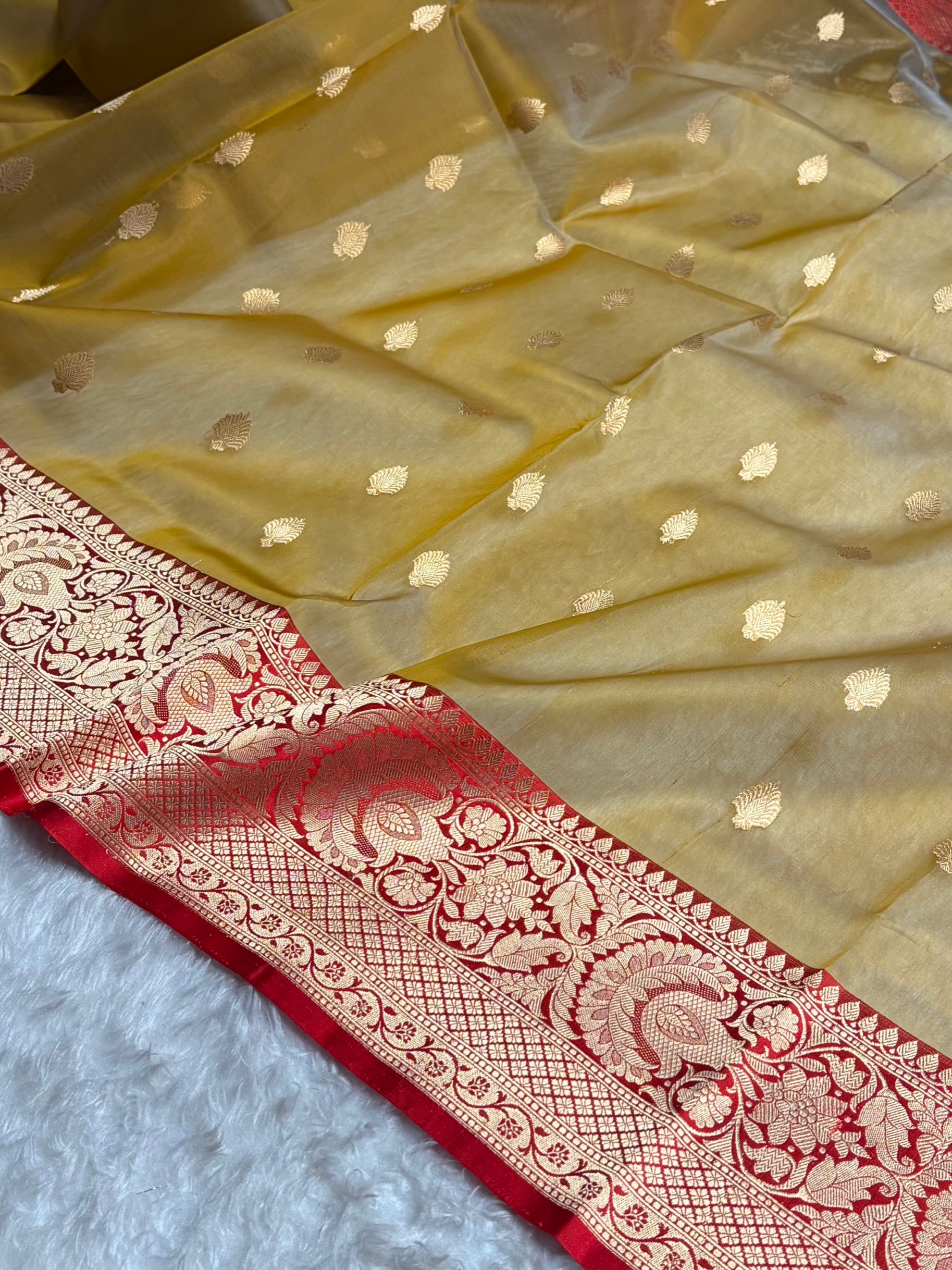 Contrast Pure Banarasi Organza Mustard With Maroon Floral Banarasi Silk Saree PO-16
