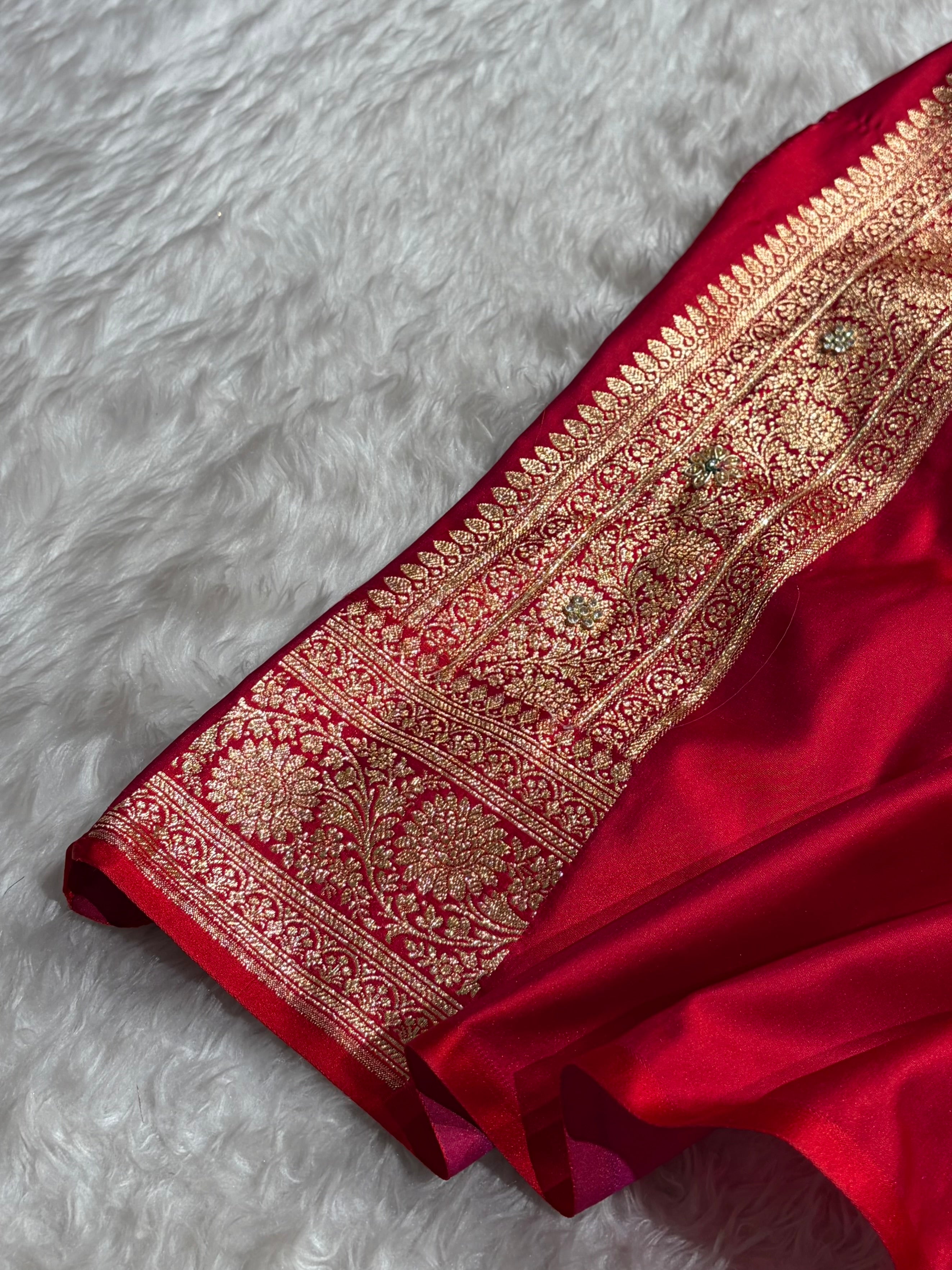 Bridal Red Unique Boota Pattern With Stone & Ari Work Satin Katan Silk Saree BSK69