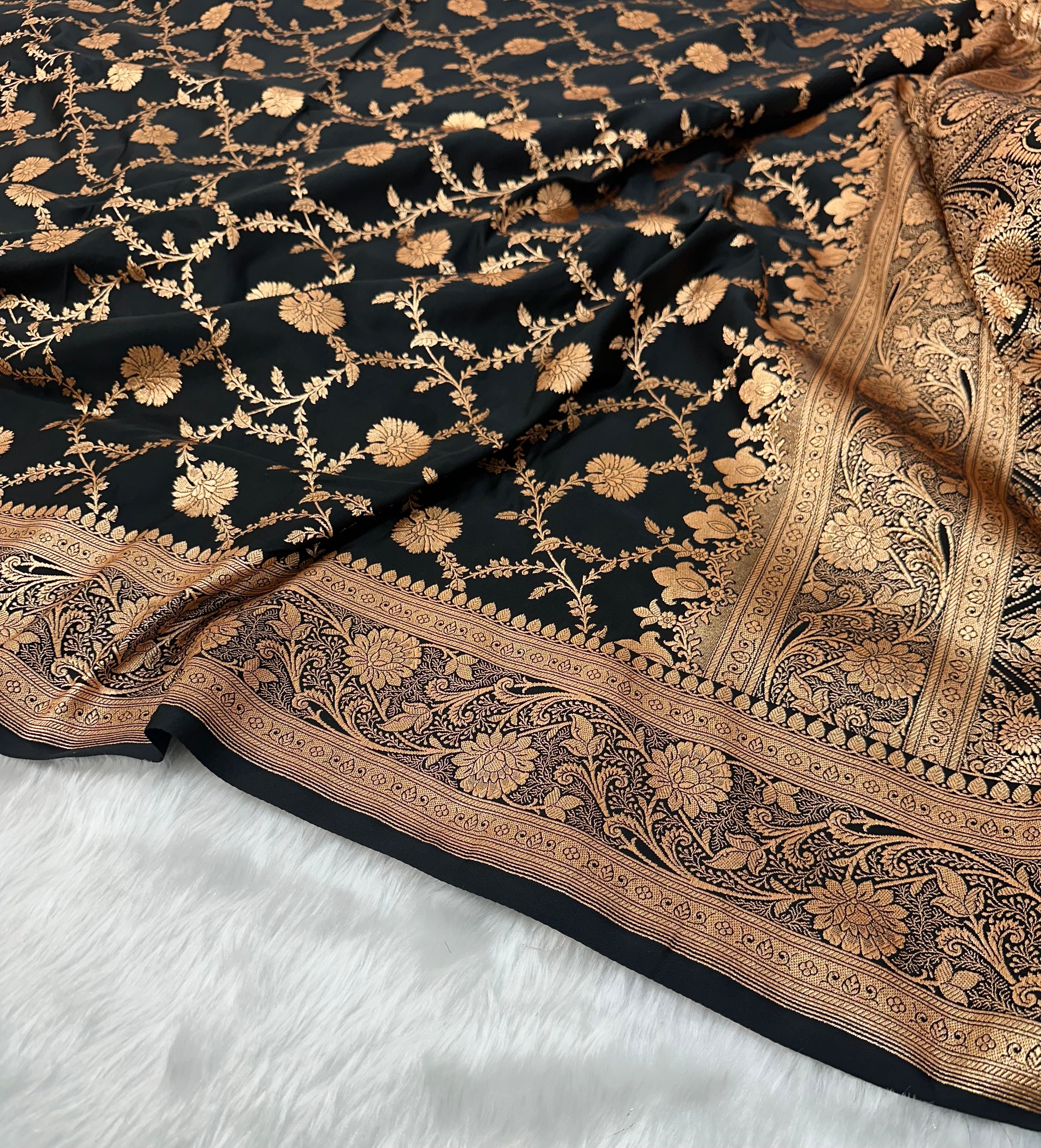 Black Floral Jaal Pattern Satin Katan Silk saree SK59