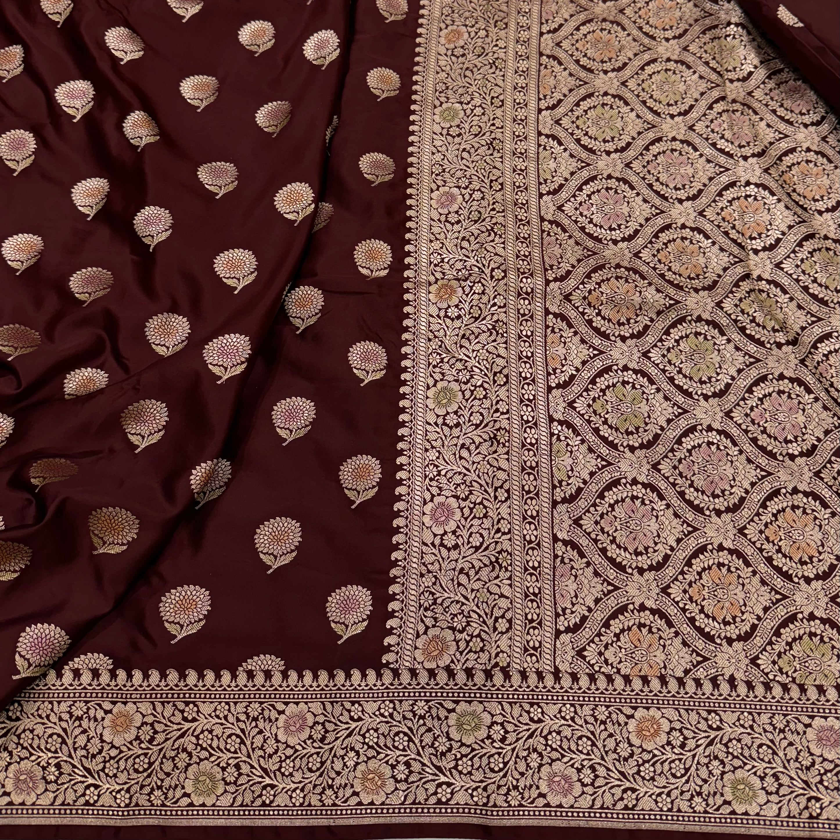 Chocolate Minakarai Floral Motif Mashru Silk Saree