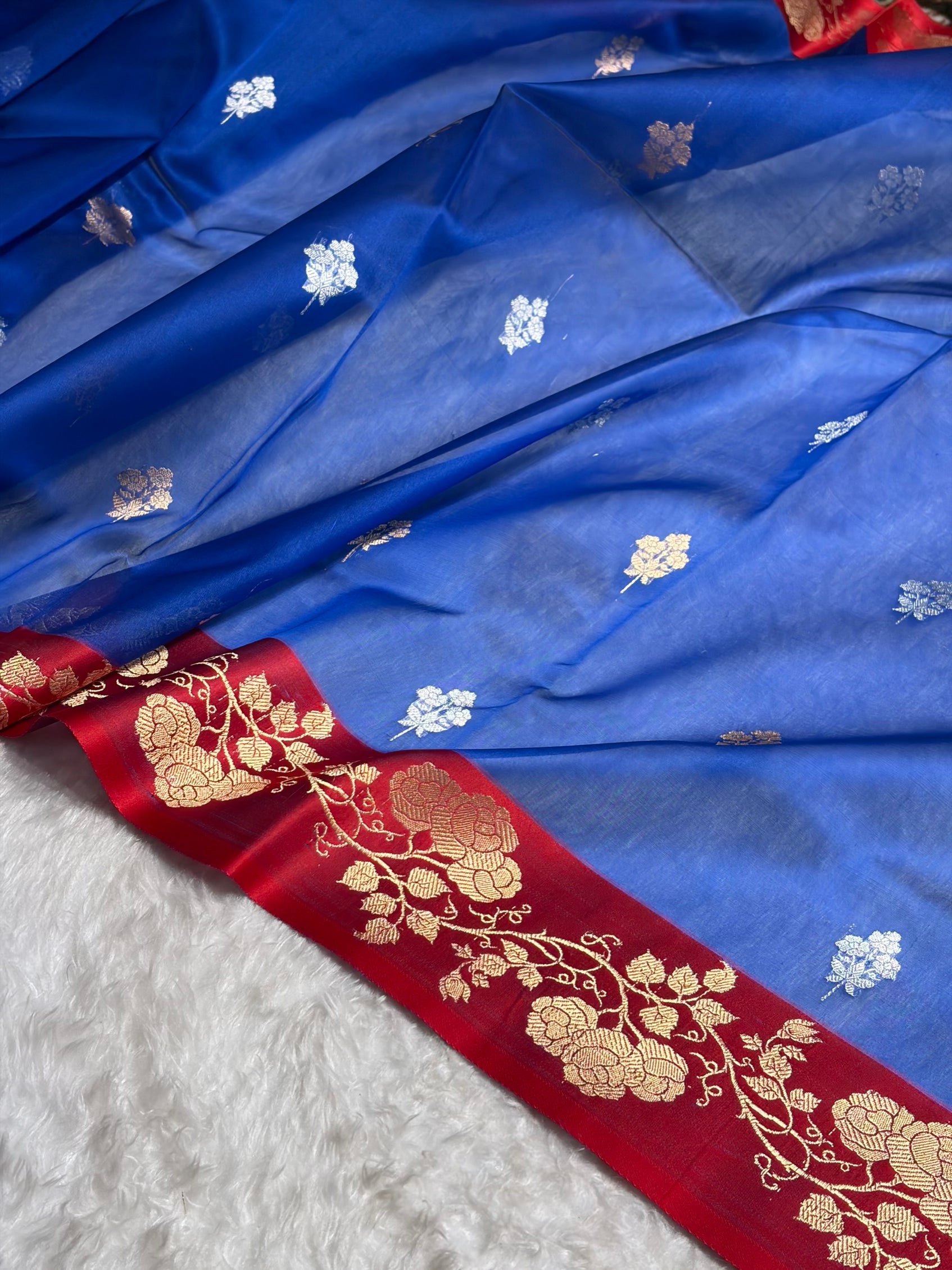 Contrast Pure Banarasi Organza Royal Blue With Maroon Floral Banarasi Silk Saree PO-13