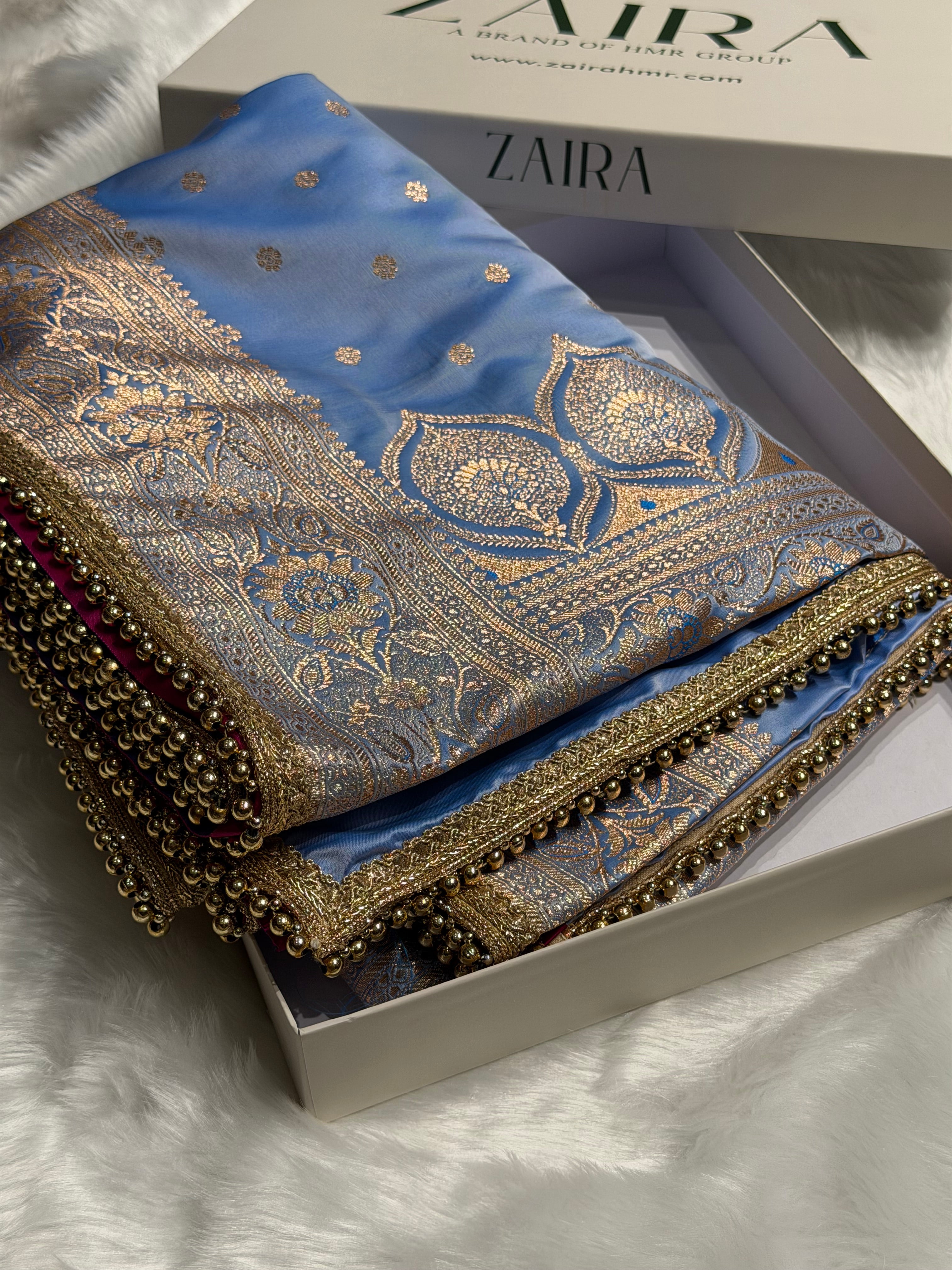 Powder Blue Satin Katan Silk Saree With Gotta Patti SKGP11