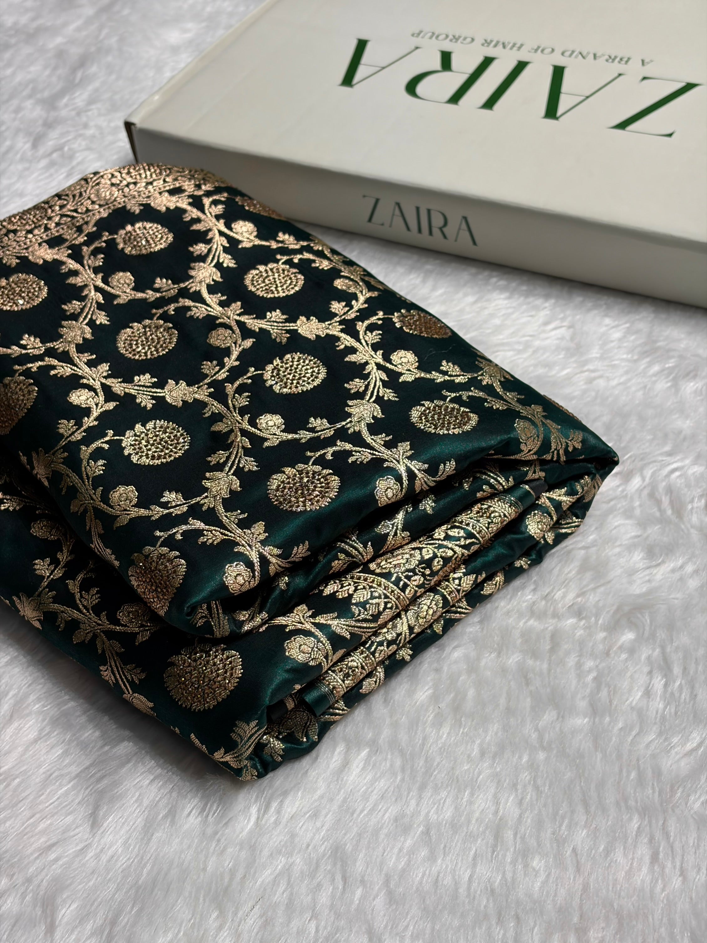 Dark Bottle Green Swarovski Work Jaal Pattern Satin Silk Saree BSS15