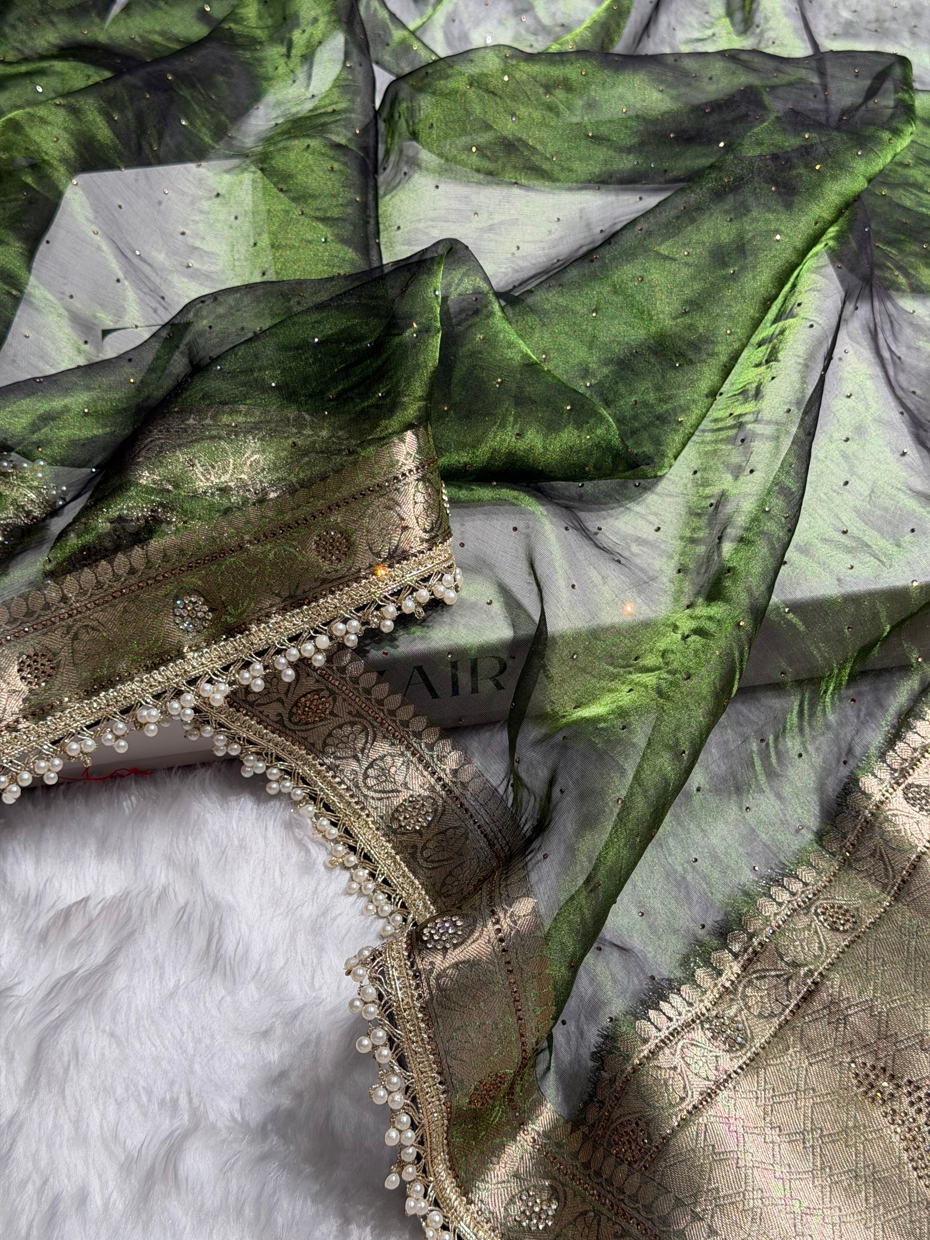 Mehandi Shades Pure Tissue Silk With Banarasi Swarovski Work Saree with Brocade Blouse BPGPT-09