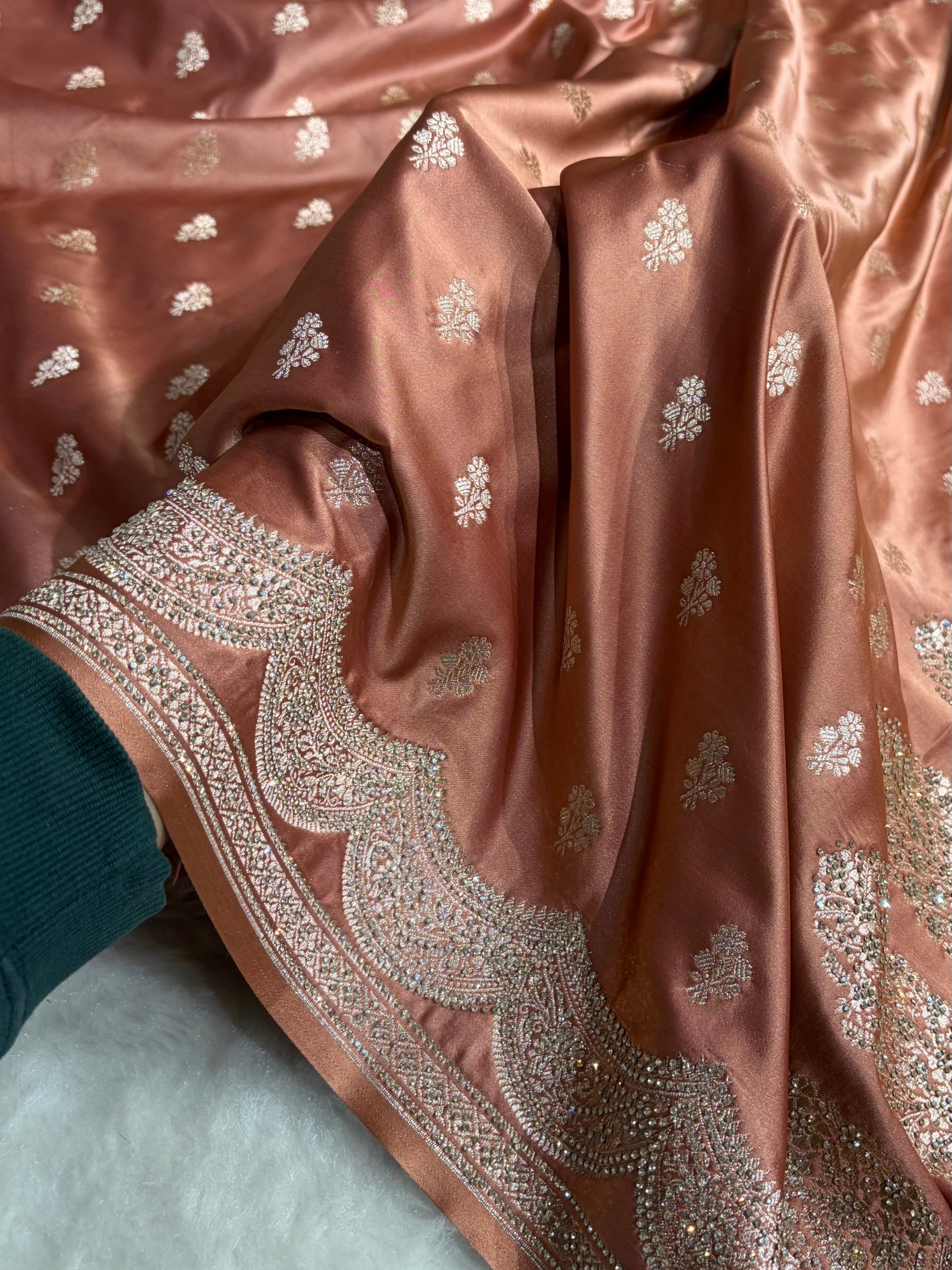 Banarasi Dusty Peach Scallop Mashru Silk with White Stone Swarovski work BMS02