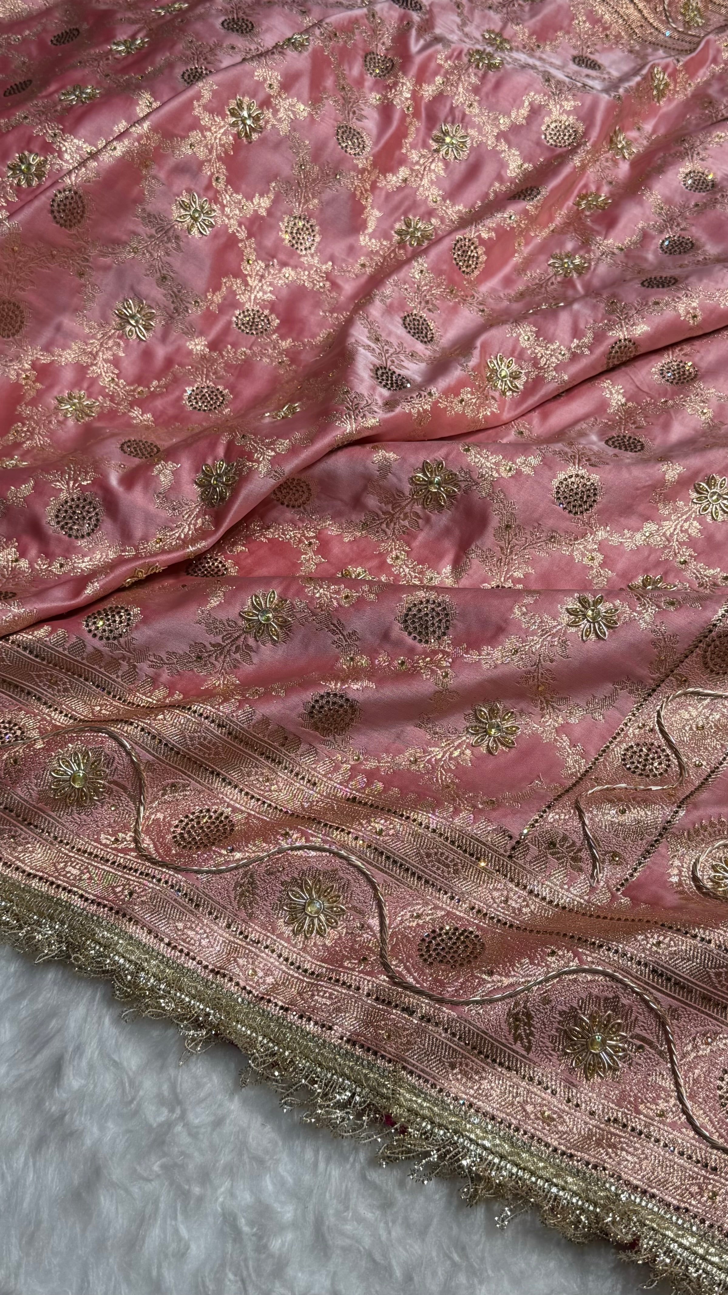 Baby Pink Swavroski & Zardozi Work With Gotta Patti Jaal Pattern Satin Katan Silk Saree BSKGP25