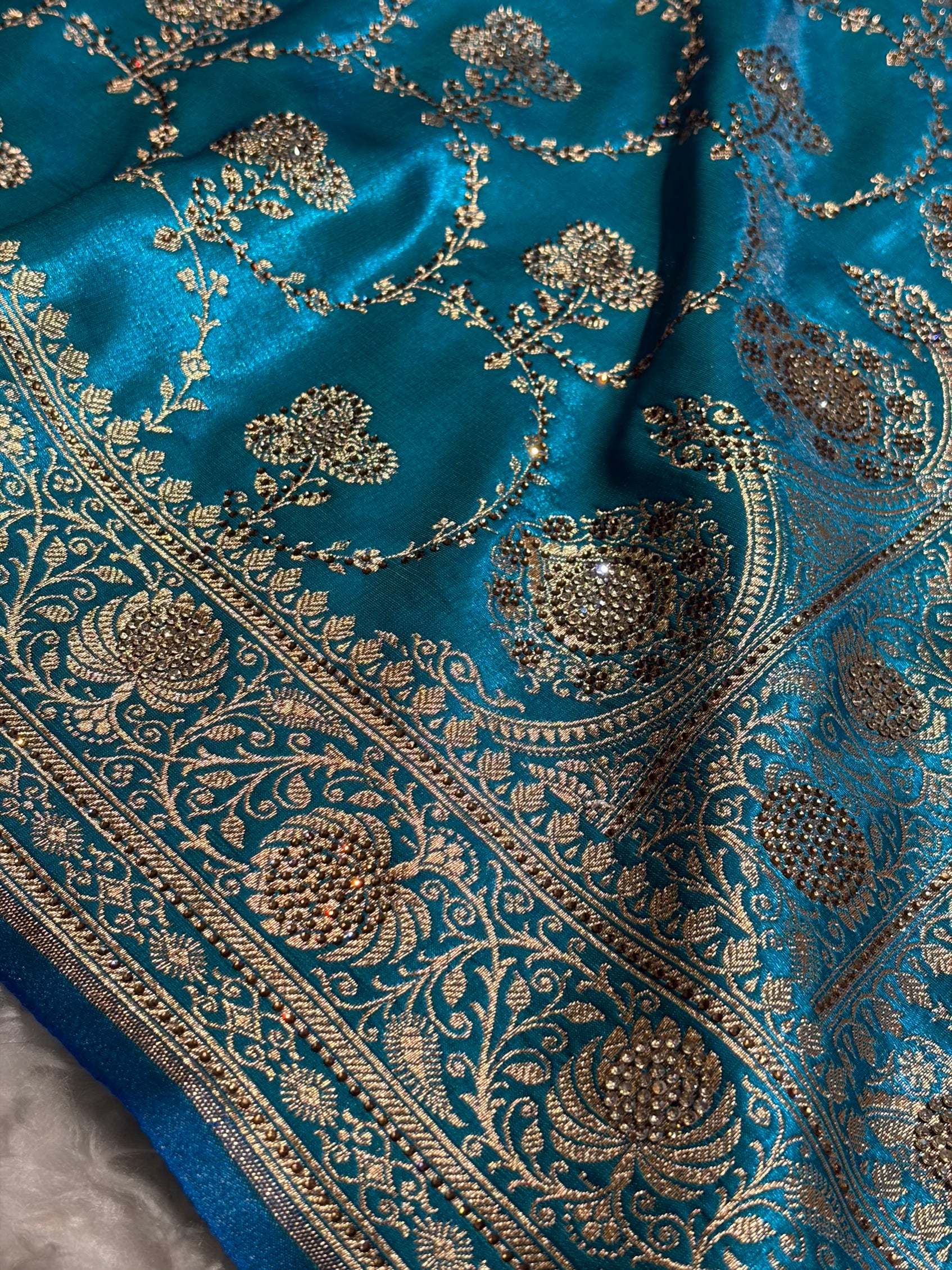 Satin Silk Saree Banarasi Swarovski Work Jaal in Firozi Shades BSS23 (R)