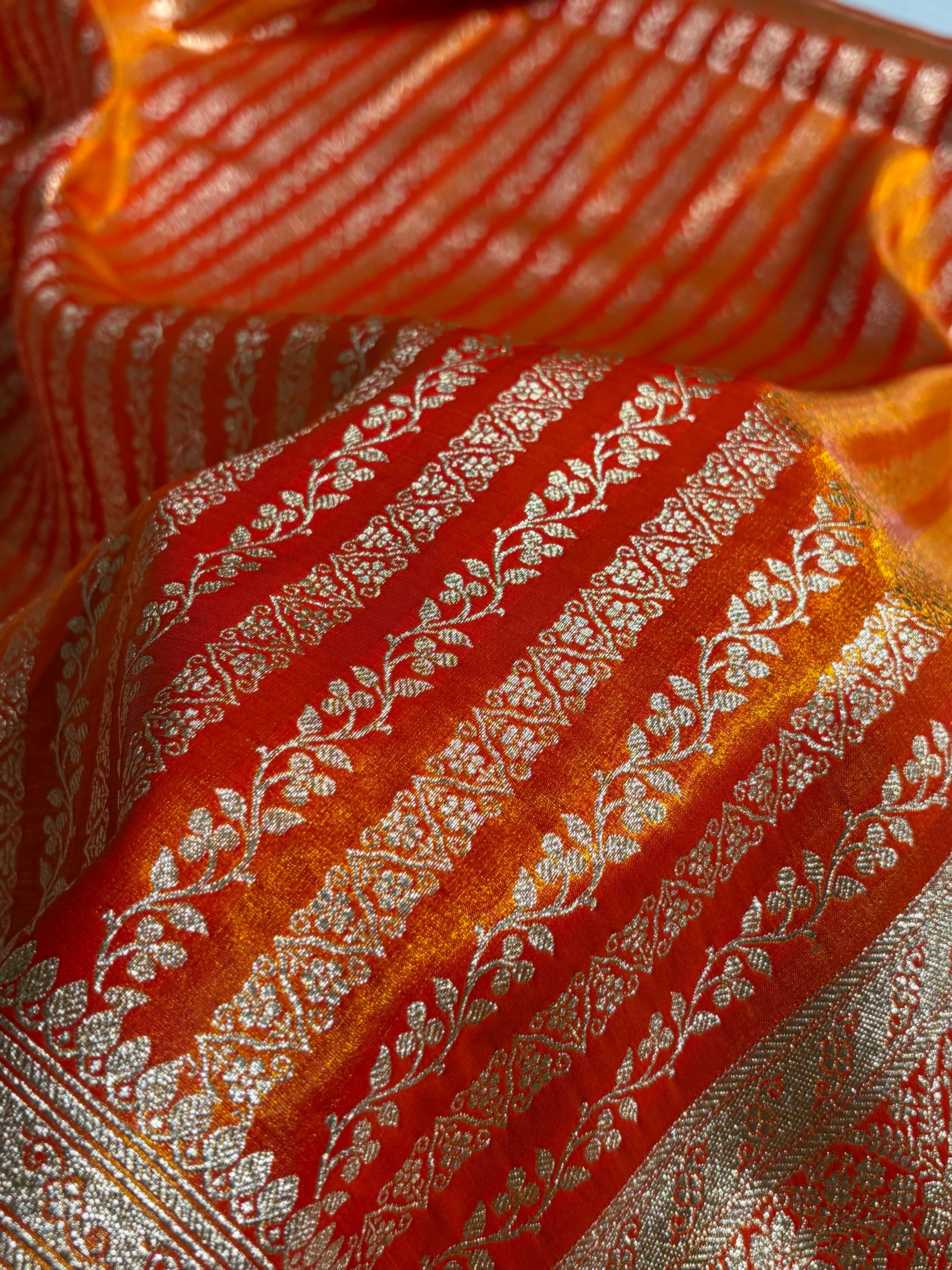 Fire Gold Shades Stripe Pattern Banarasi Satin Silk Saree SS46