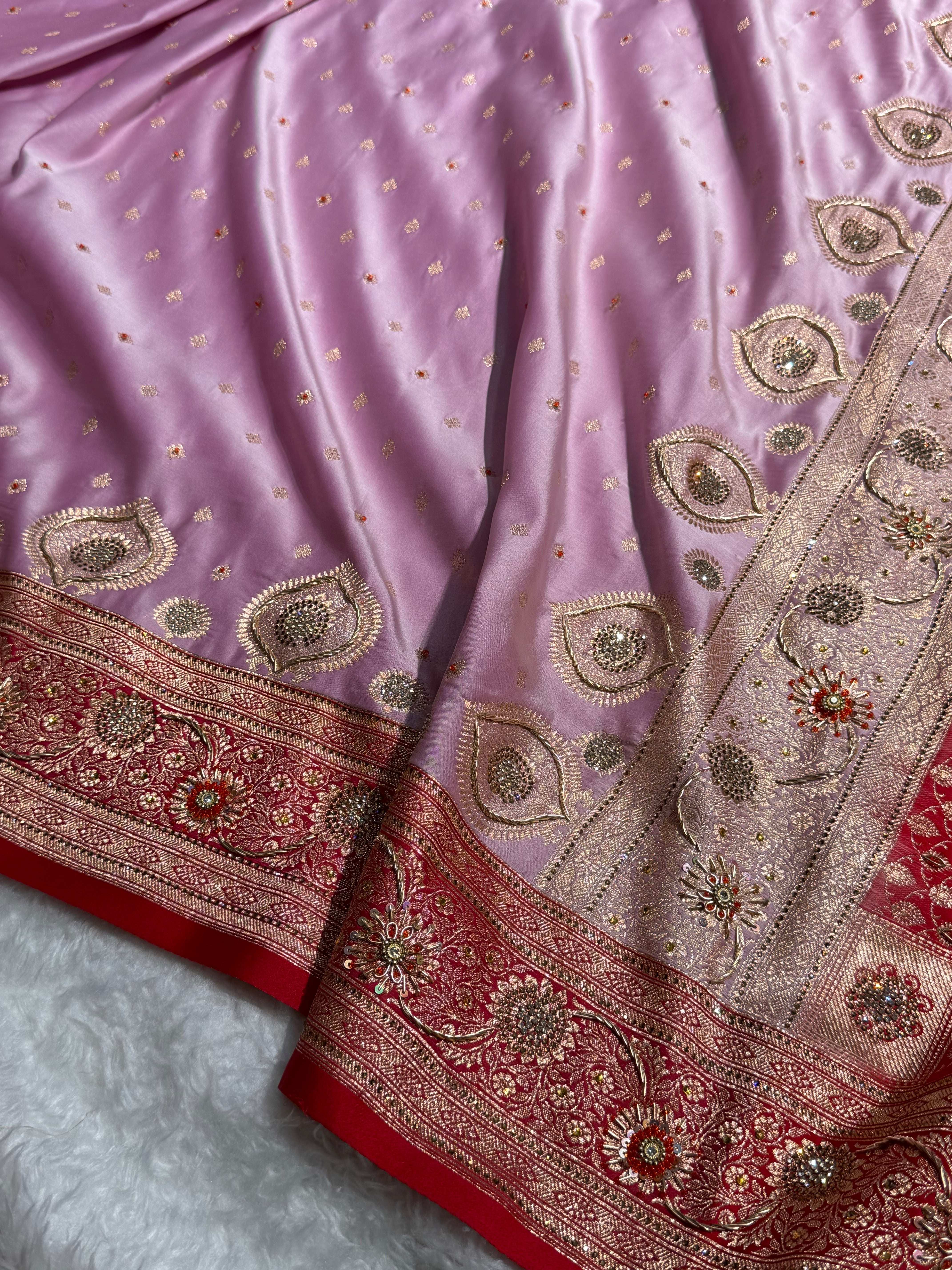 Lavender Red Contrast Booti With Ari & Zardozi Work Satin Katan Silk saree BSK29