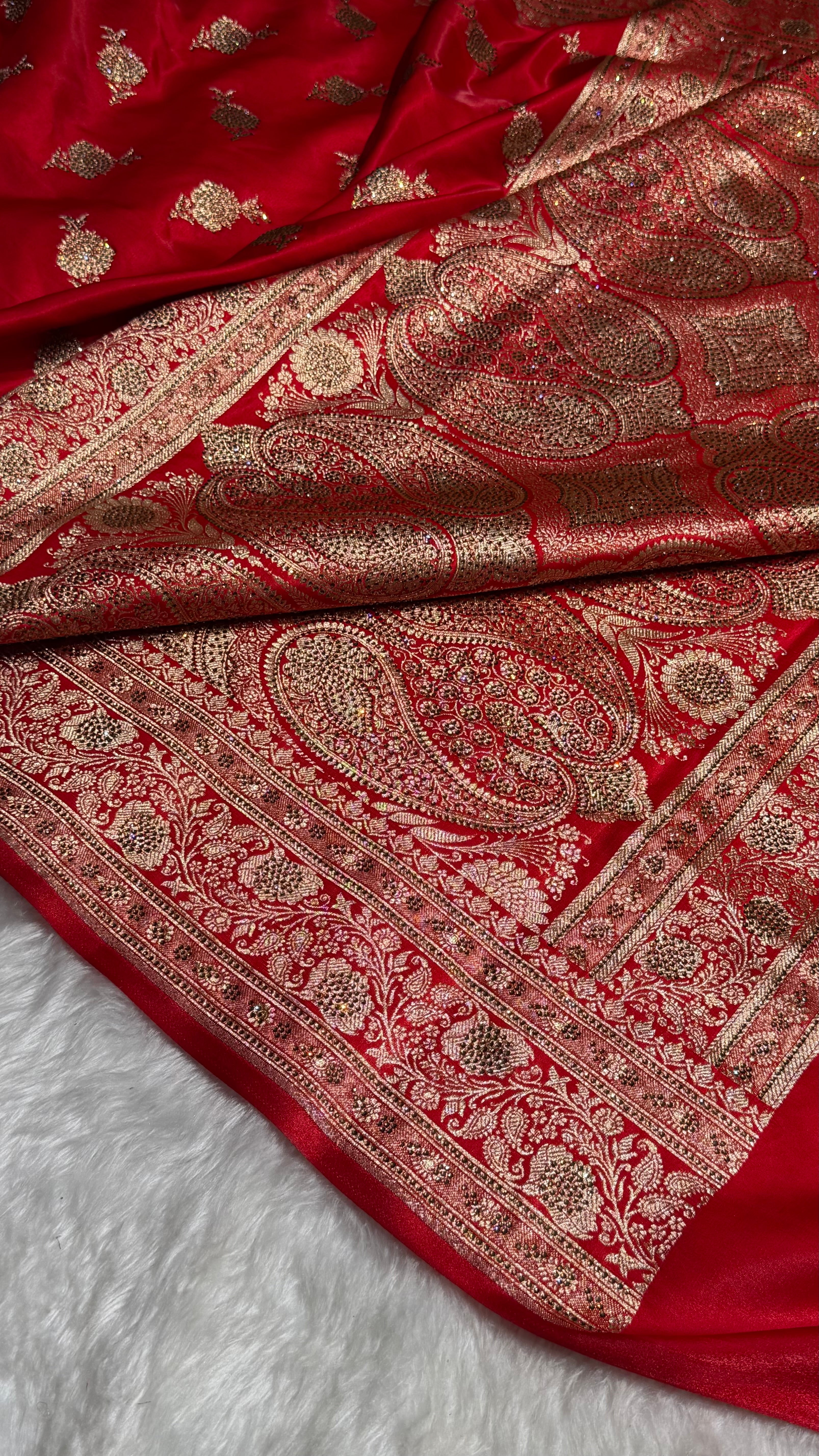 Satin Silk Saree Swarovski Work Floral Boota in Red Shades BSS26