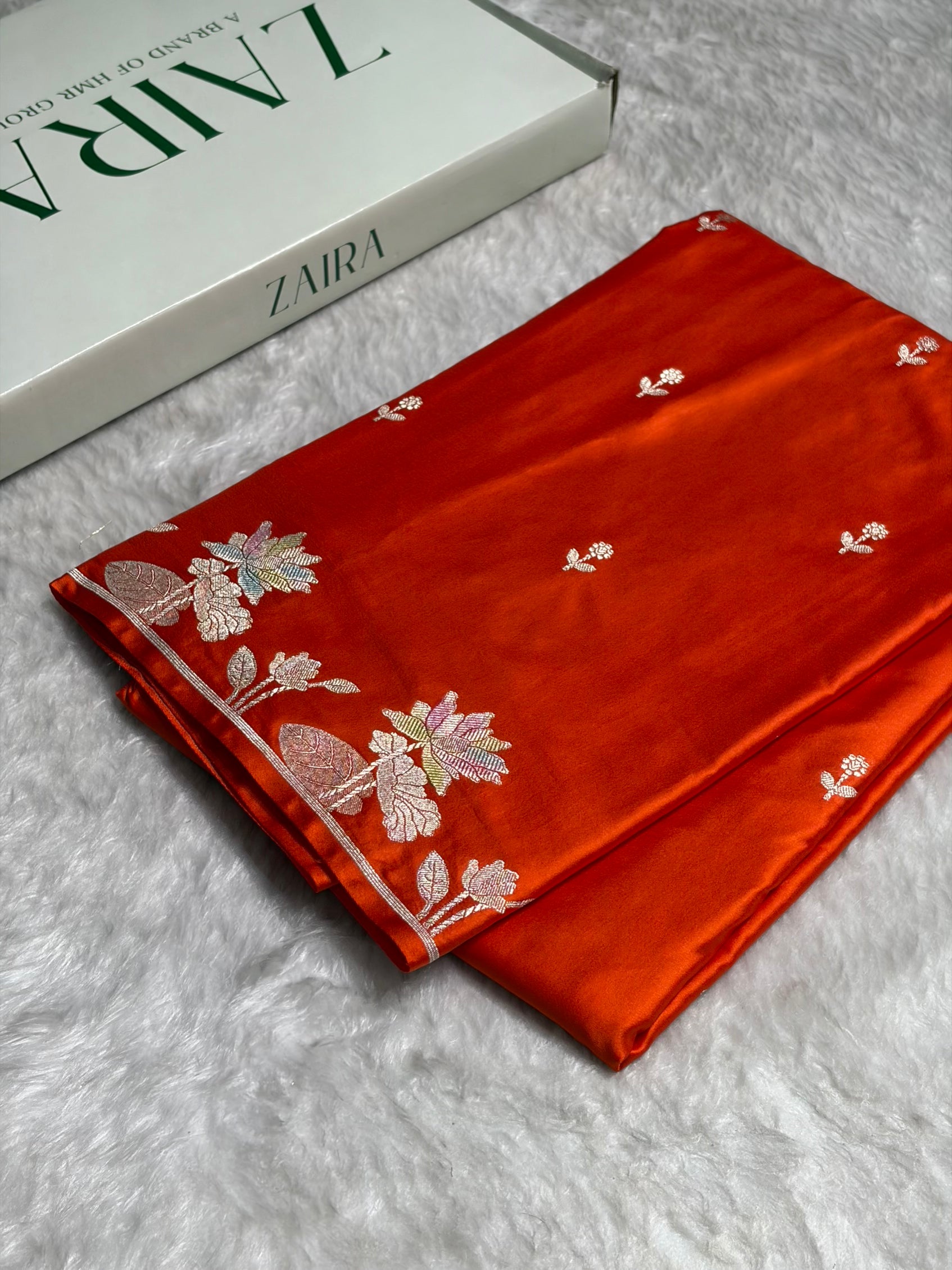 Orange Floral Border With Banarasi Minakari Booti Mashru Silk Saree MS54