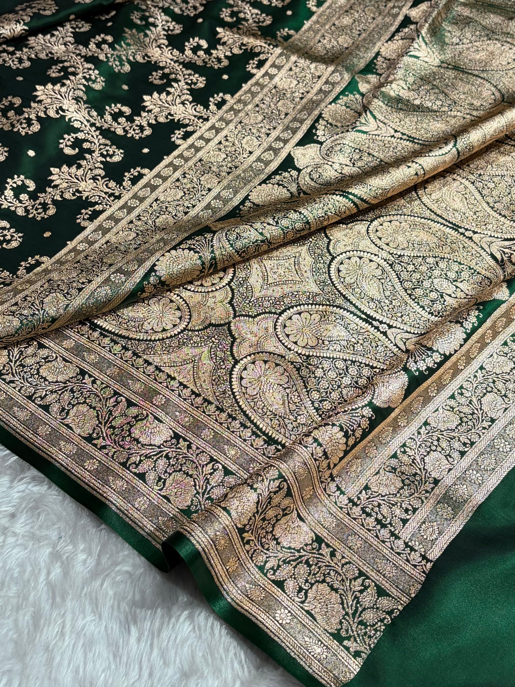 Bottle Green Shades Jaal Pattern Banarasi Satin Silk Saree SS49
