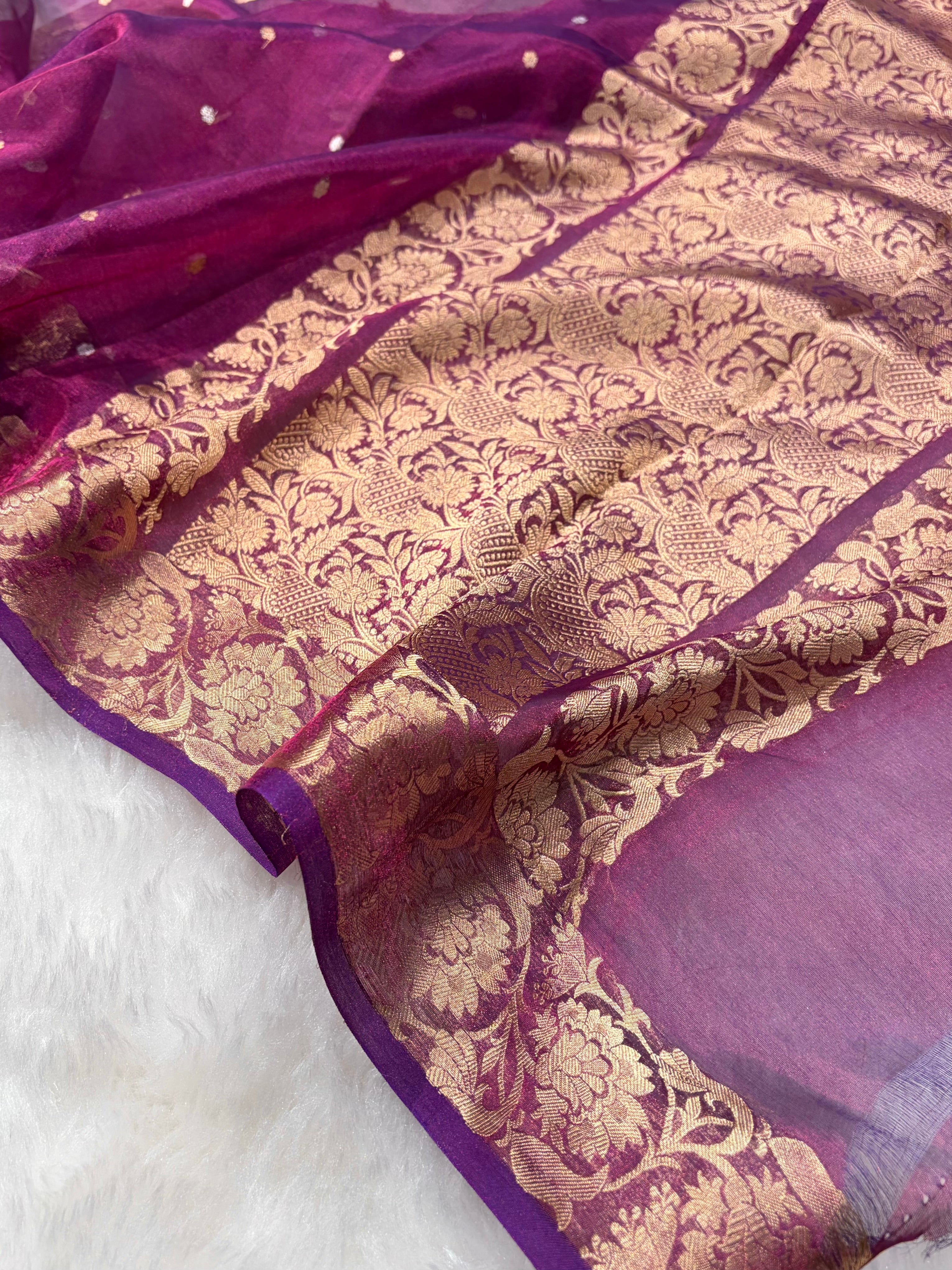 Cross Wine Bananasi Floral Shades Pure Tissue Silk Saree PT-42