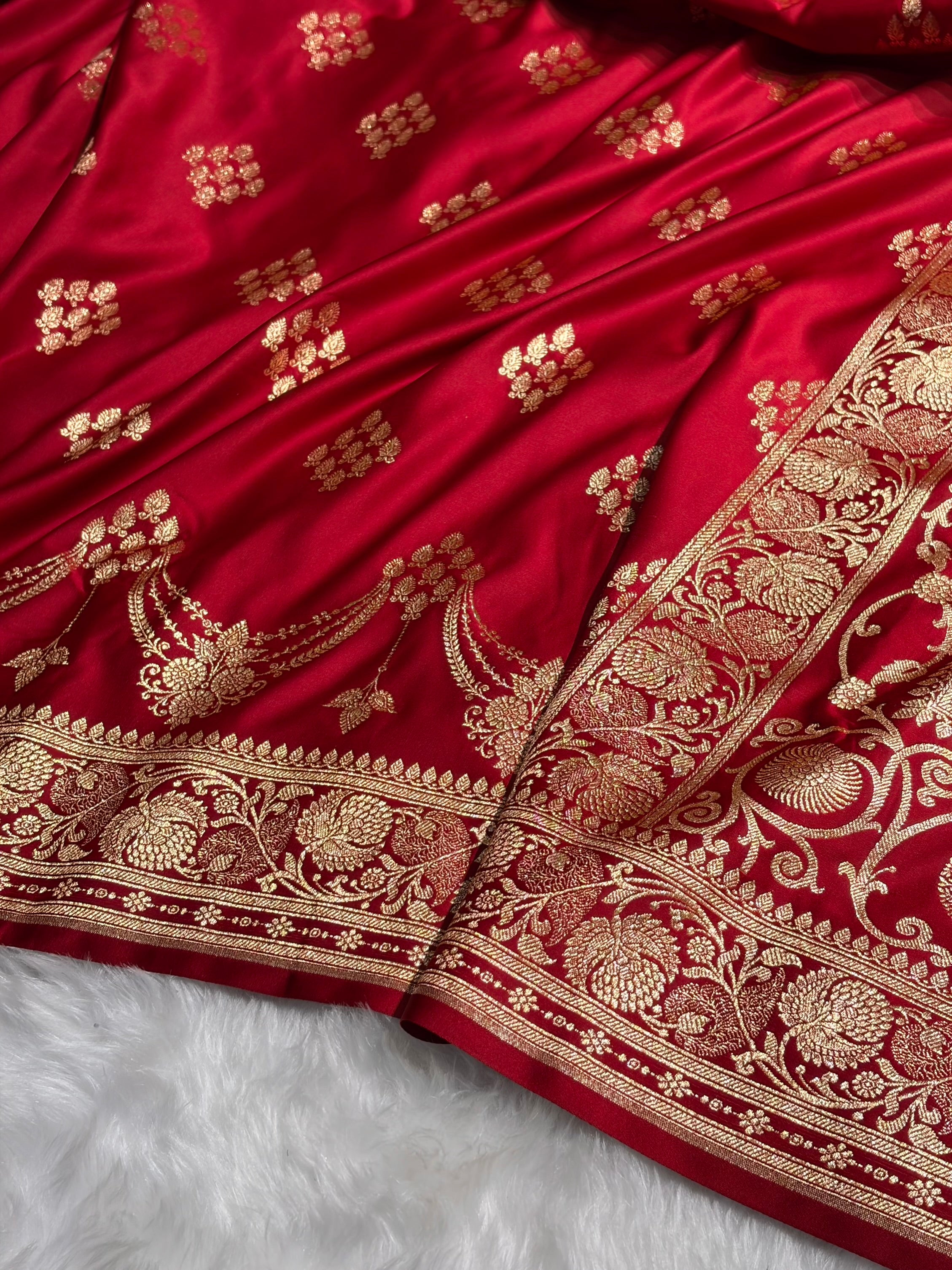 Red Floral Boota Satin Katan Silk saree SK34