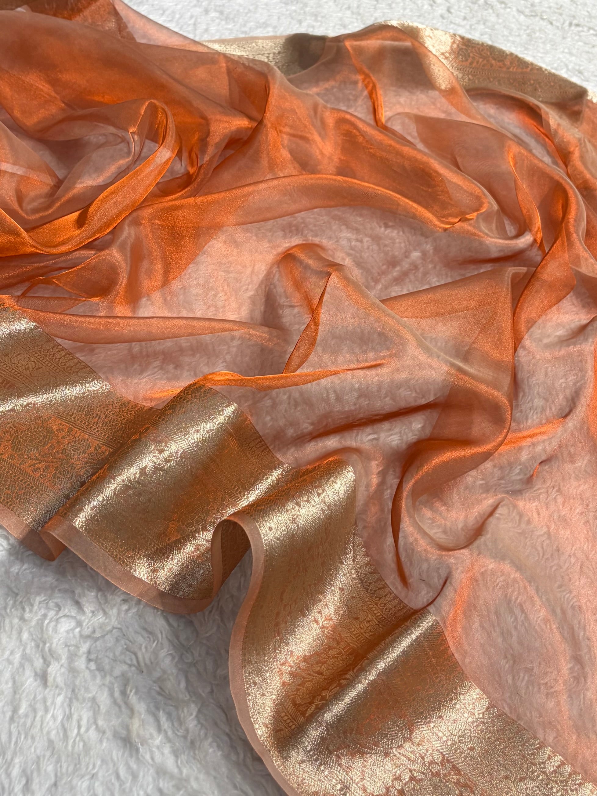 Pinkish Orange Shades Pure Tissue Silk Saree with Brocade Blouse PT-08