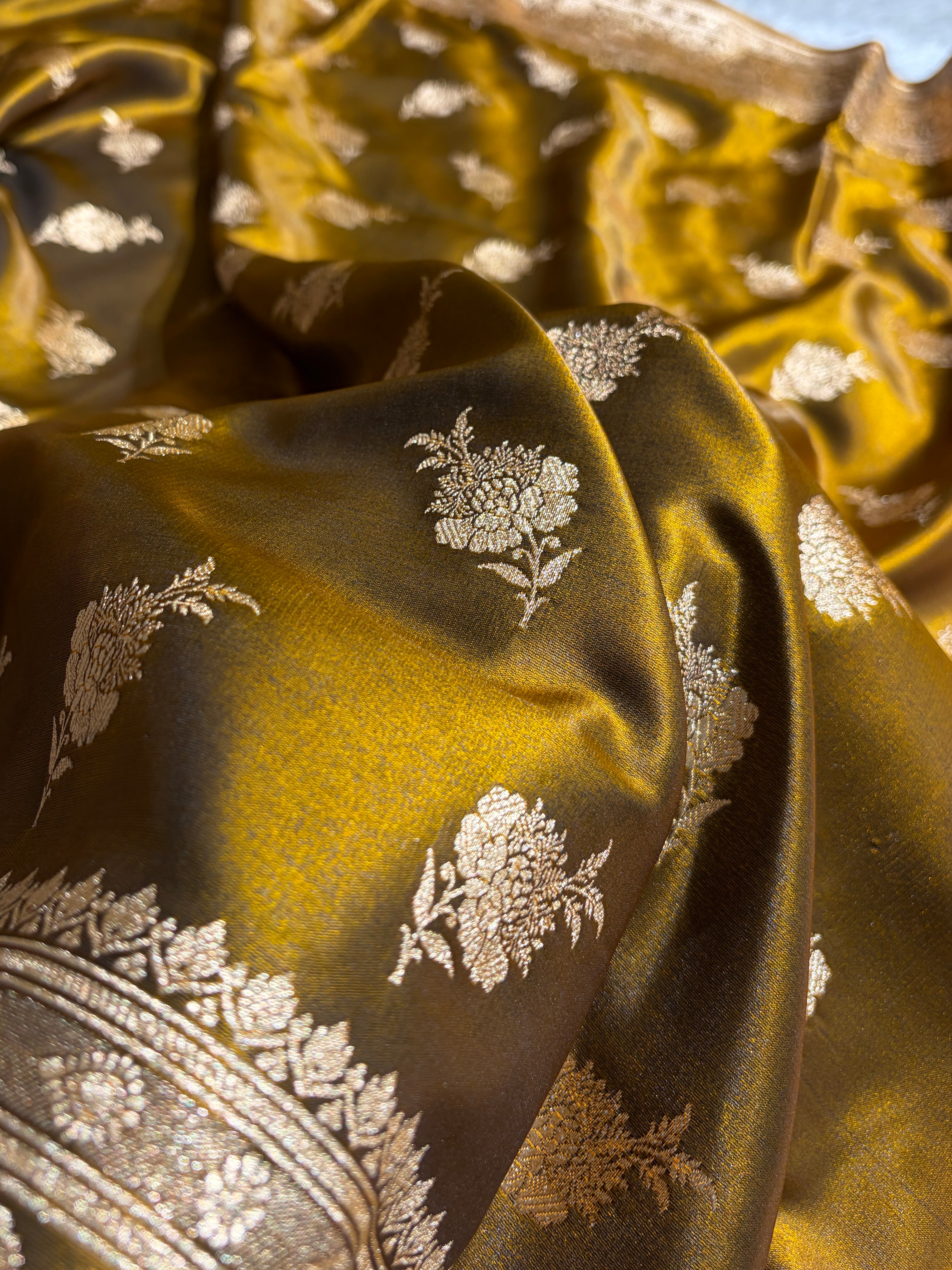 Satin Silk Saree Floral Boota in Mehendi Shades SS26