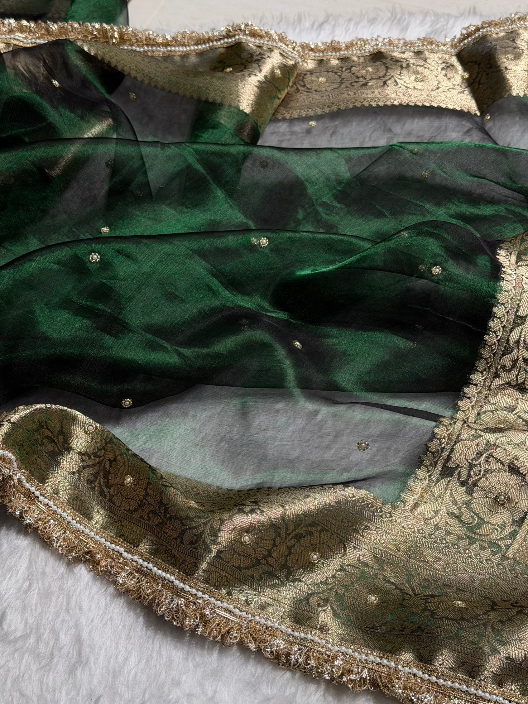 Bottle Green Shade Pure Tissue Silk Saree with Gota Patti PTGP-17