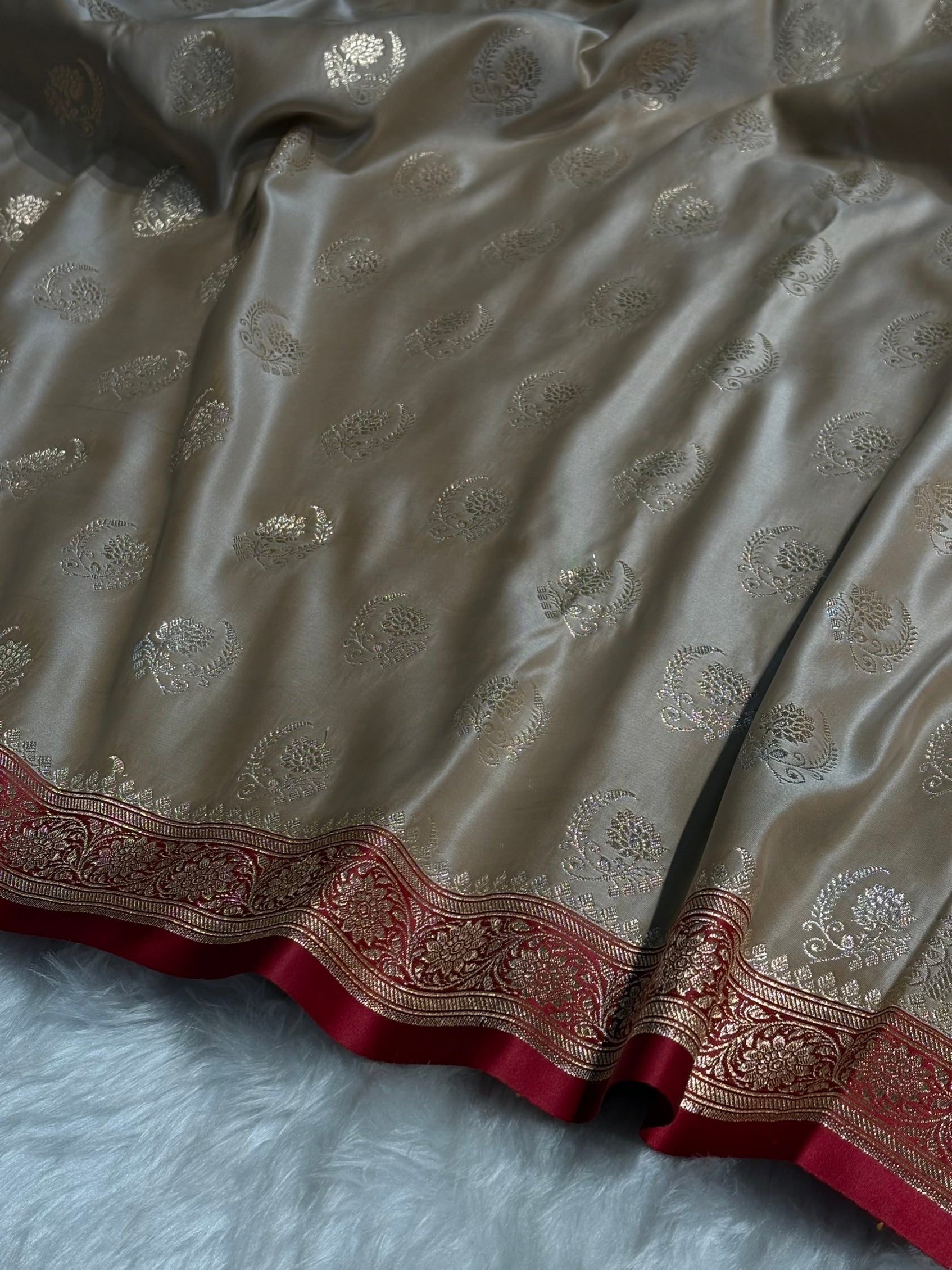 Pista with Red Floral Boota Satin Katan Silk saree SK27