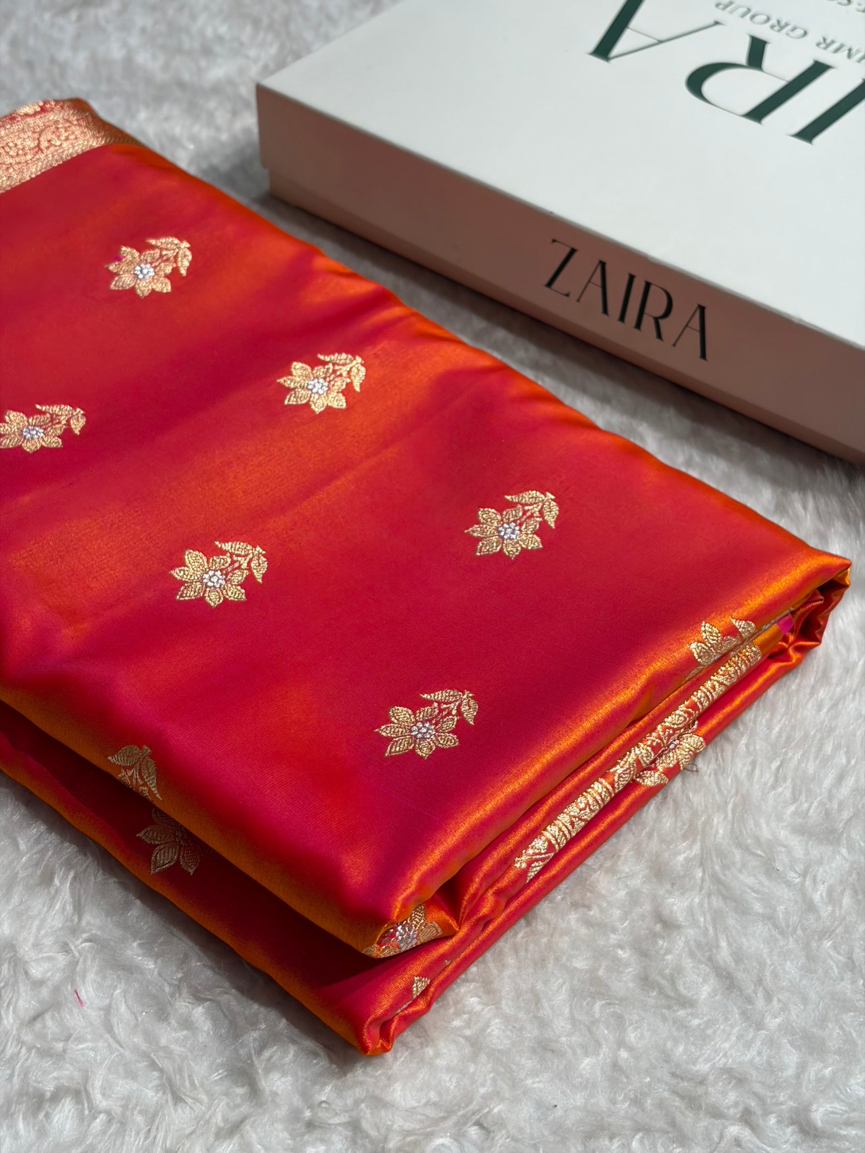 Pinkish Orange Shades Minakari Boota Pattern Banarasi Satin Silk Saree SS44