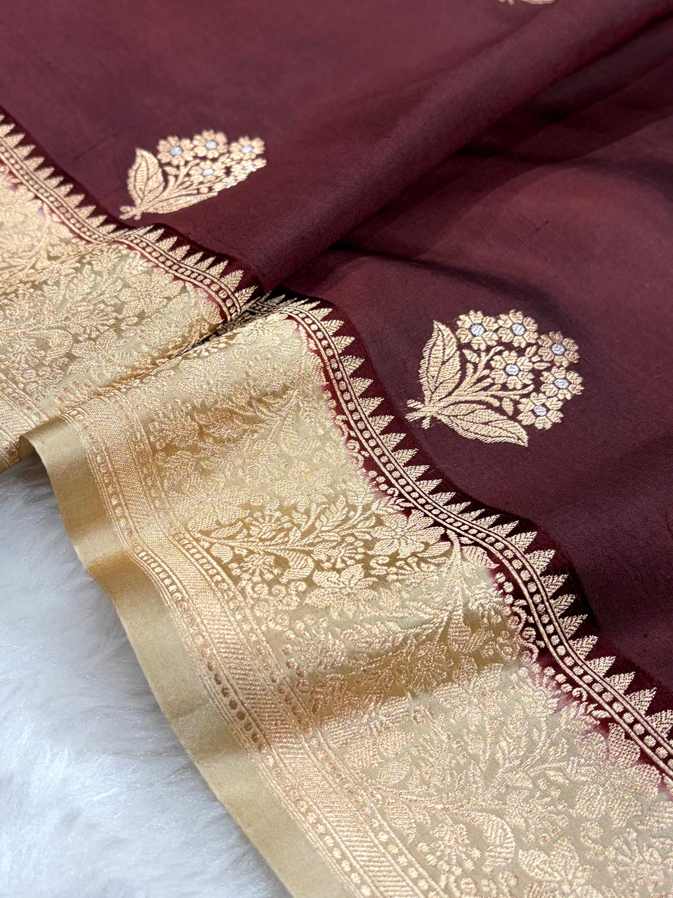 Banarasi Chocolate With Tusser Contrast Shades Meenakari Boots Handwoven Pure Paper Silk Saree RM-90
