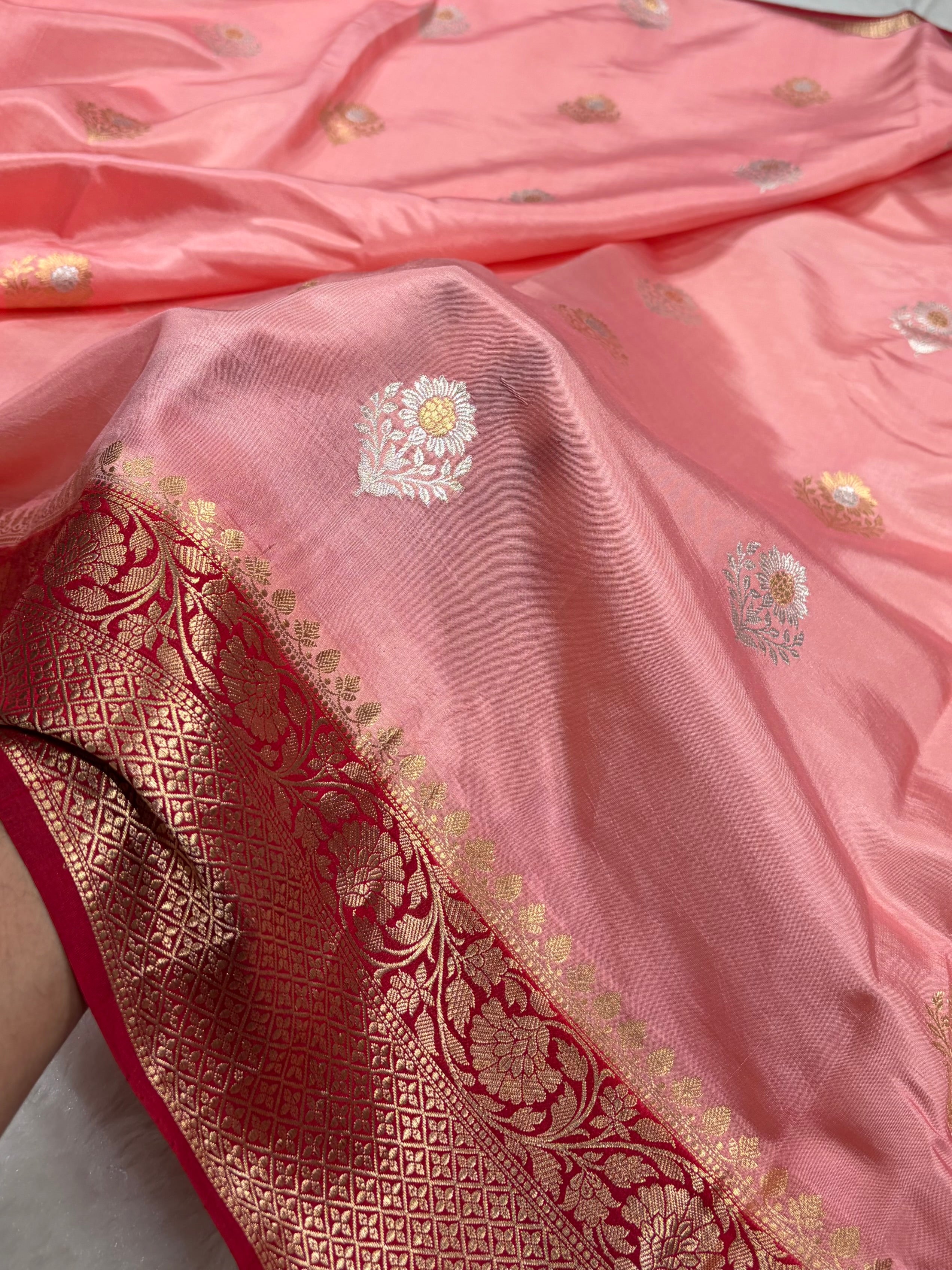 Banarasi Peach With Contrast Maroon Border & Meenakari Boota Handwoven Pure Katan Paper Silk RM-74