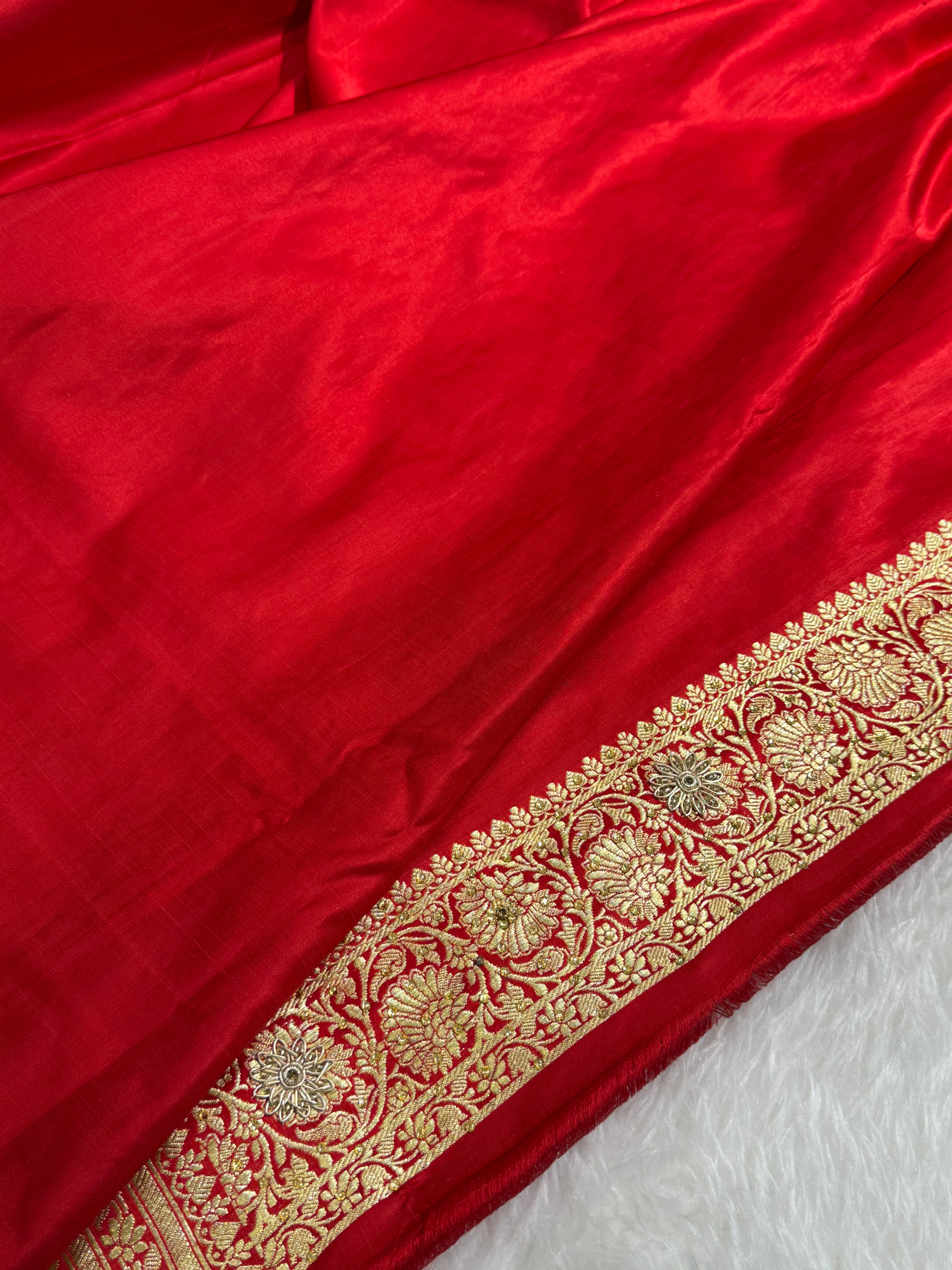 Bridal Red Pure Katan Silk Banarasi Saree with Zardozy, Ari and Stone work PBSK01