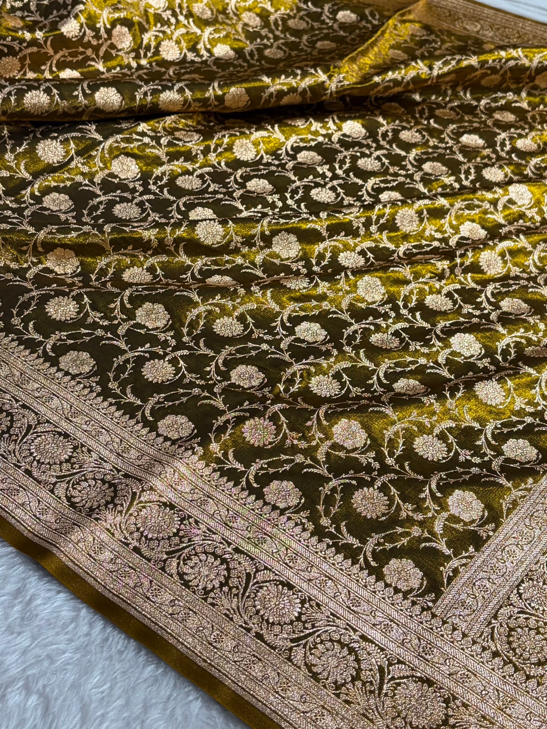 Ultra Light Weight Satin Silk Jaal in Mehendi Shades SS13