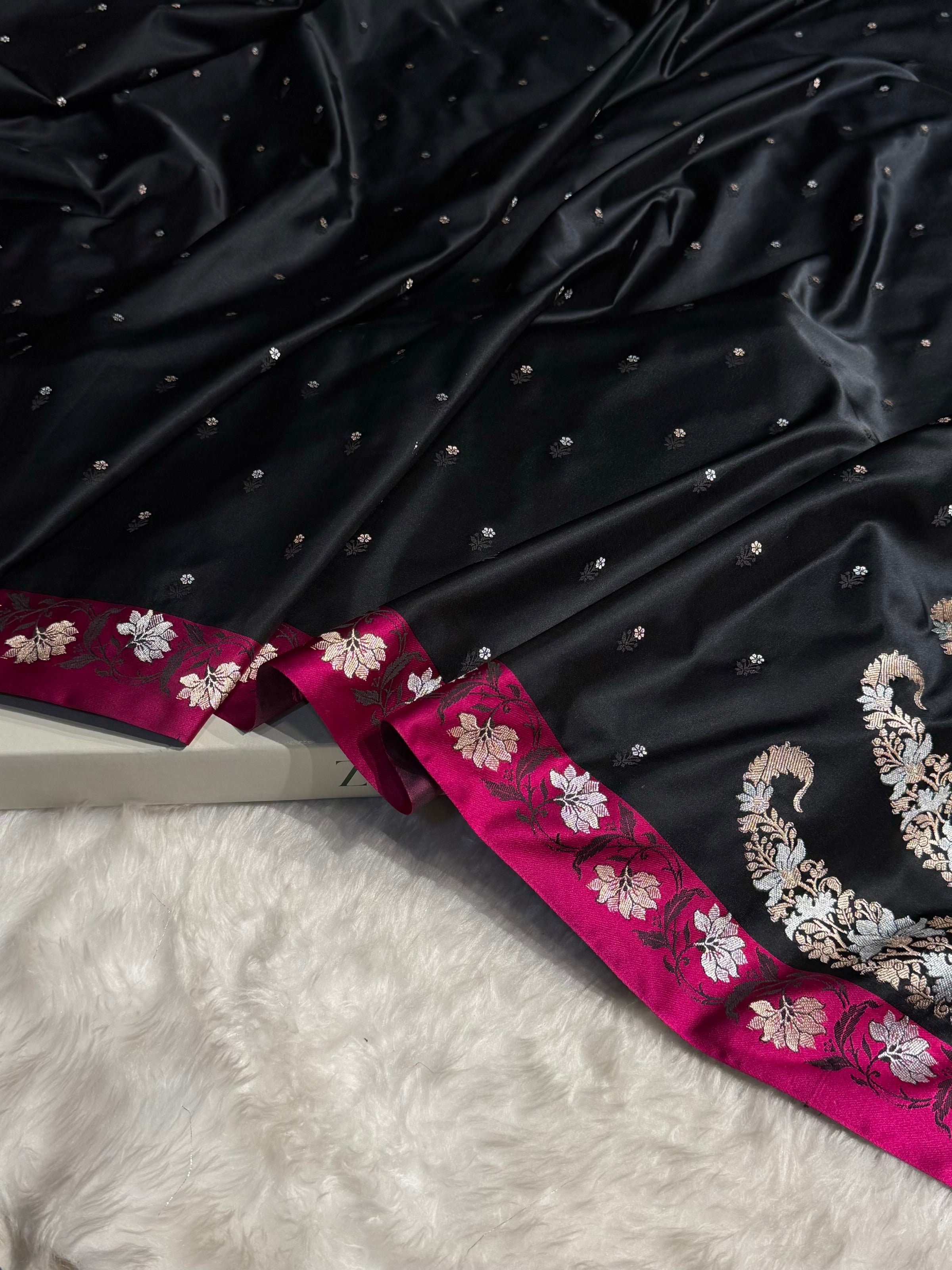 Contrast Black With Rani Floral Boota With Floral Border Mashru Silk Saree MSM-78