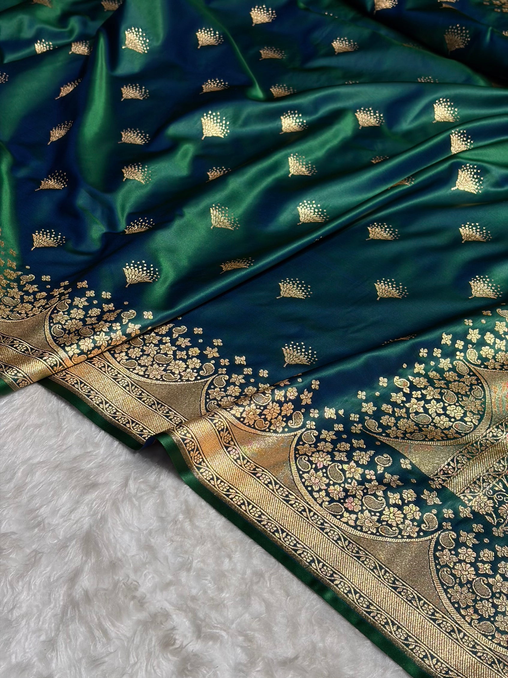 Cross Green Floral Banasari Pattern Satin Katan Silk Saree SK83