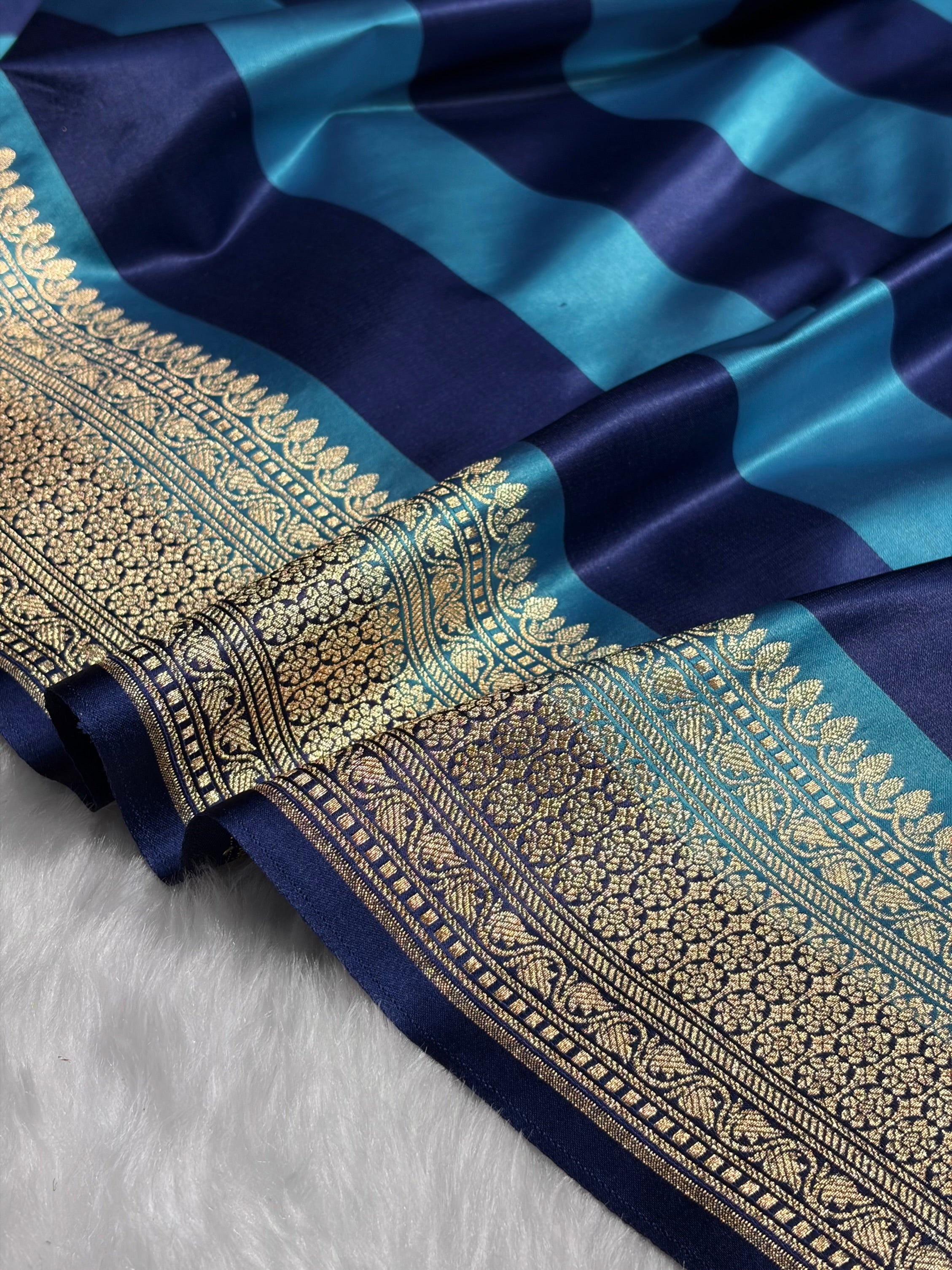 Sky Blue With German Blue Horizontal Strips Floral Border & Brocket Blouse Mashru Silk Saree MSM-84